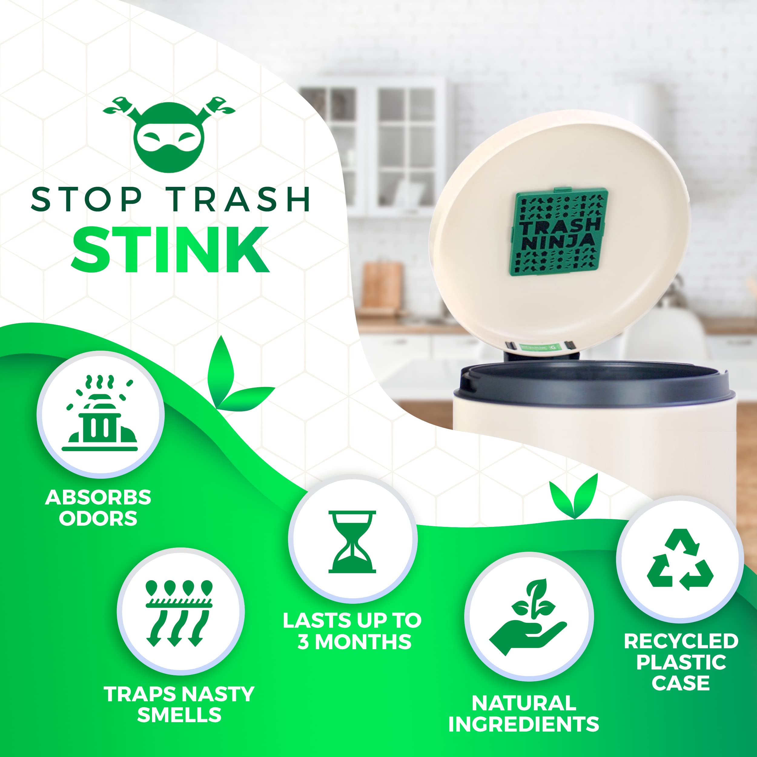 Trash Ninja Activated Carbon Odor Eliminator (2 Pack) – Natural Garbage Can Deodorizer for 10 Gallon Indoor Trash Bins – Lasts 3 Months – Eliminates Kitchen, Bathroom & Pet Waste Odors