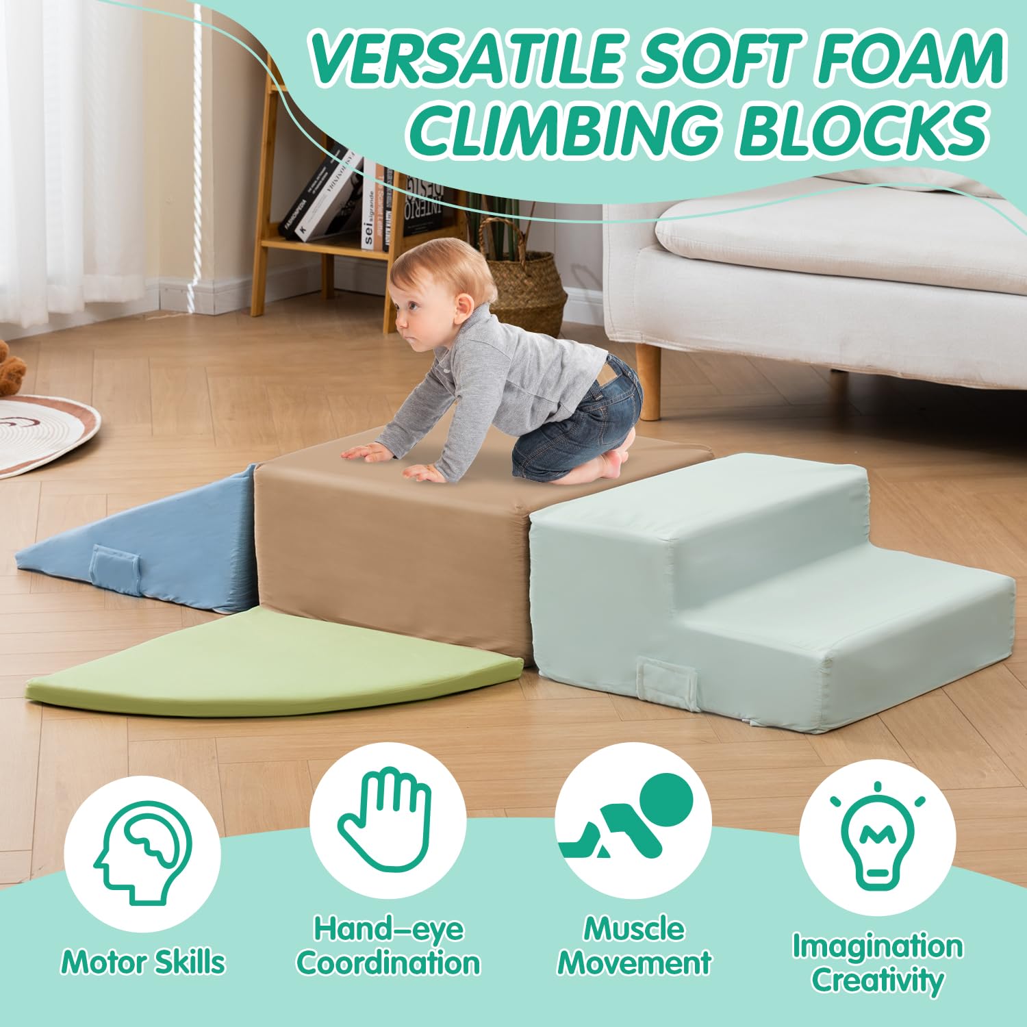 4-Piece Large Foam Climbing Blocks for Toddlers - Indoor Play Equipment with Velcro | Safe Toddler Toys for Home Playroom & Preschool Learning Activities
