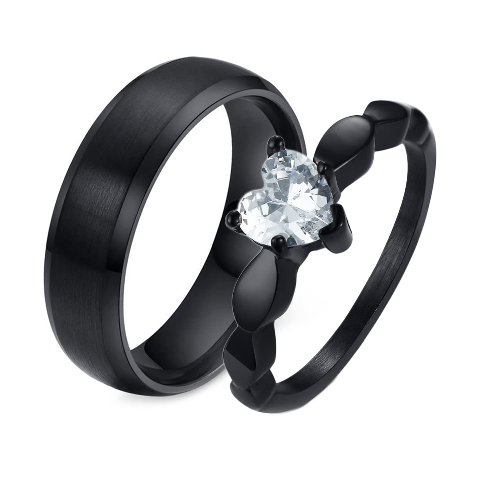 Gold Plated Black Stainless Steel Cubic Zirconia Heart Wedding Bands for Couples - Engraved & Brushed Finish - Perfect for Anniversaries, Proposals & Romantic Gifts
