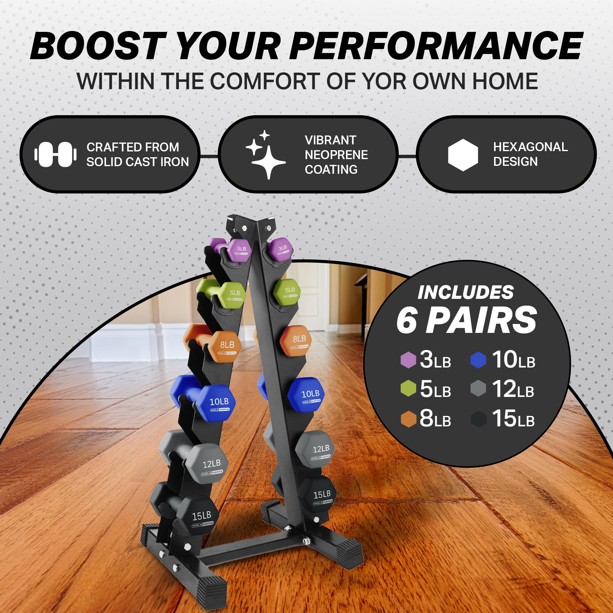 HolaHatha Neoprene Dumbbell Set with Storage Rack - 5-15lbs Free Weights for Home Gym, Strength Training & Toning | Perfect for HIIT, Yoga & Full-Body Workouts