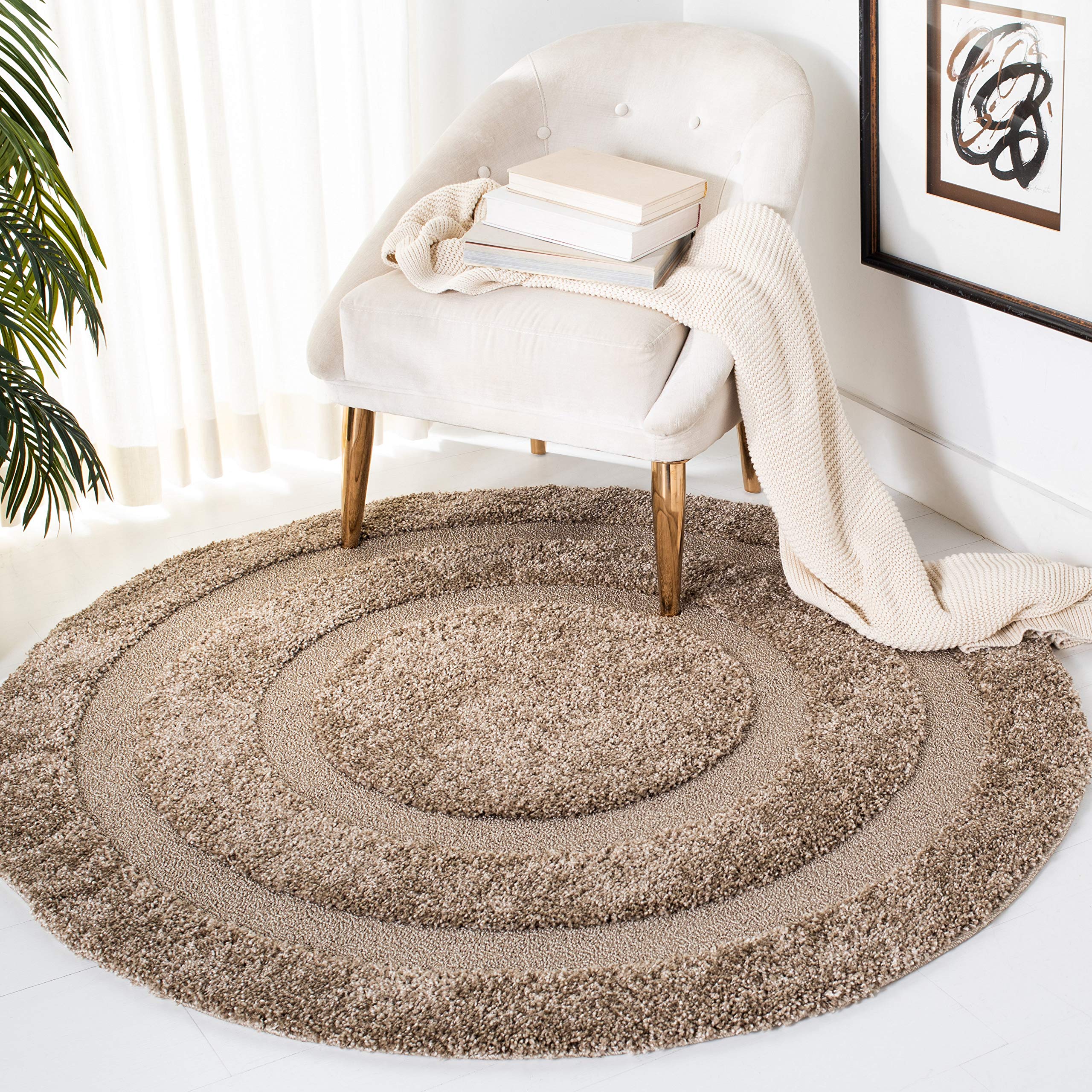 SAFAVIEH Florida Shag Collection 4' Round Area Rug - Soft Beige Border Design, Non-Shedding & Easy Care, 1.2-inch Thick Plush Rug for High Traffic Living Room, Bedroom, Nursery, Office (SG454-1313) | Perfect for Cozy Home Decor & Modern Interior Design