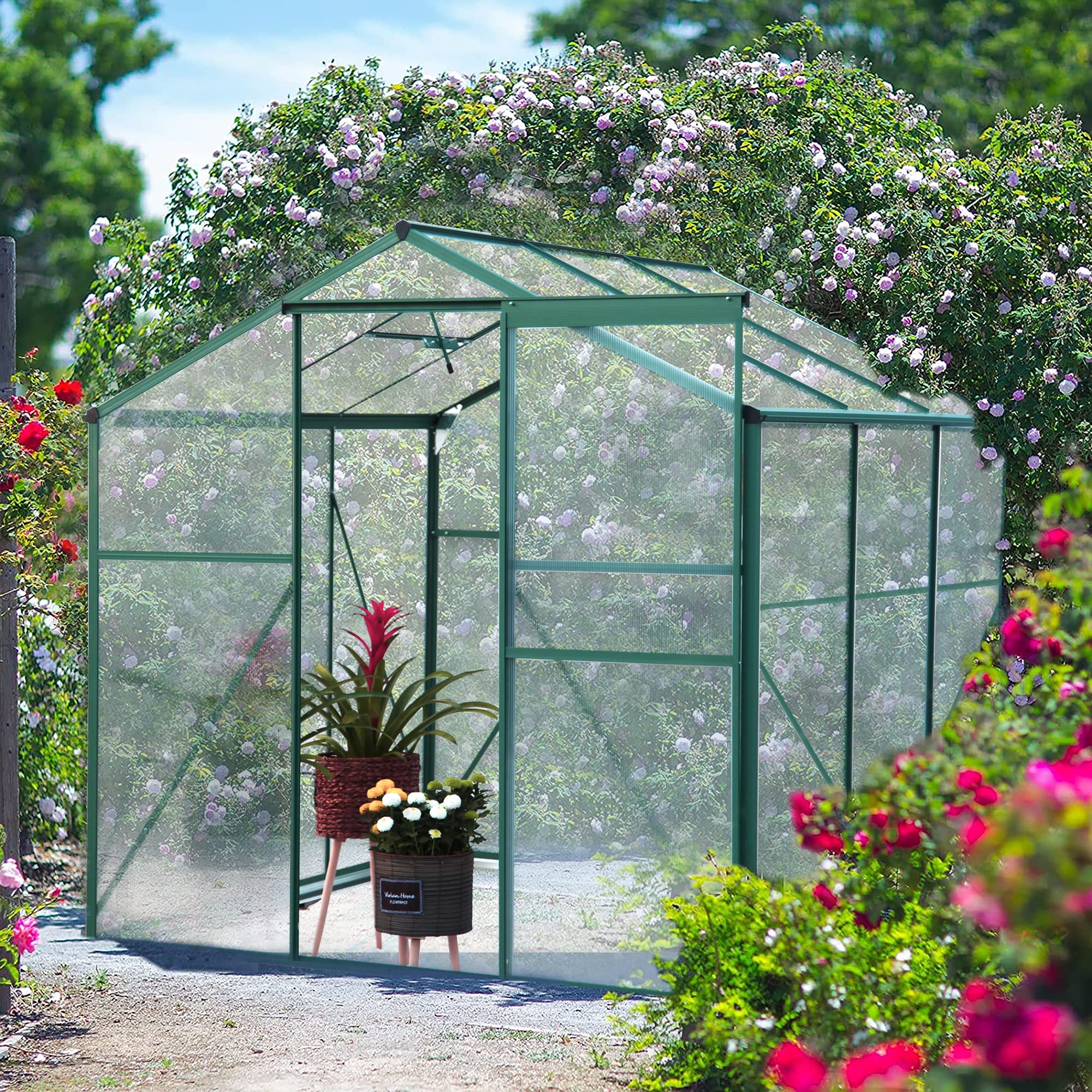 OUYESSIR 6x6x6.8 FT Walk-in Greenhouse with Adjustable Roof Vent & Rain Gutter - Durable Polycarbonate Outdoor Greenhouse for Flowers, Vegetables & Plants - Perfect for Backyard Gardening, Hobby Growing & Year-Round Plant Protection