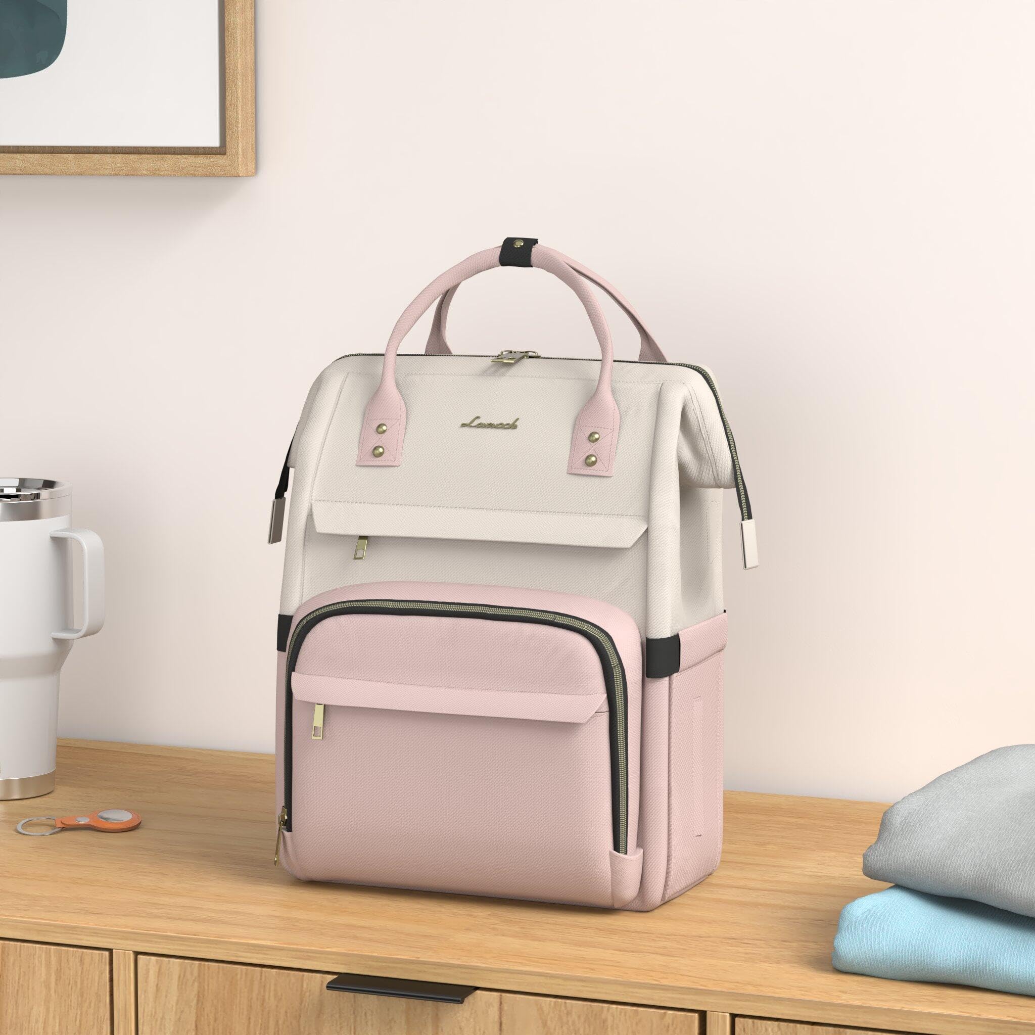 LOVEVOOK 17-inch Laptop Backpack for Women - Large Capacity Fashion Work Computer Bag, Travel & Business Backpack for Professionals, Nurse & Doctor Backpack (Beige-Pink) - Perfect for Office, School, Commuting & Travel