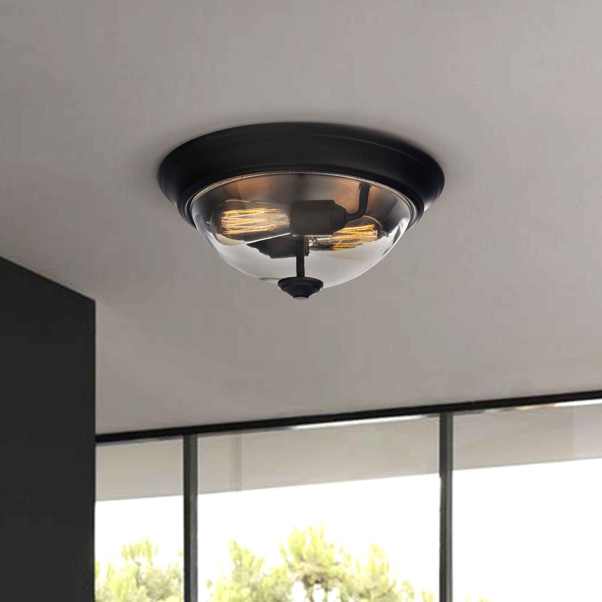 13 Inch Designer Series Flush Mount Bowl Light - Clear Glass & Bronze Finish for Modern Bedroom, Kitchen or Bathroom Lighting