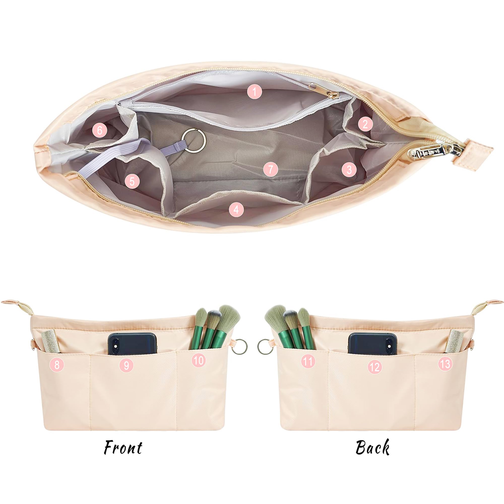 Vercord Premium Nylon Handbag Organizer Insert - 13 Zippered Pockets, 5 Size Options for Tote Bags | Perfect for Travel, Work & Daily Organization