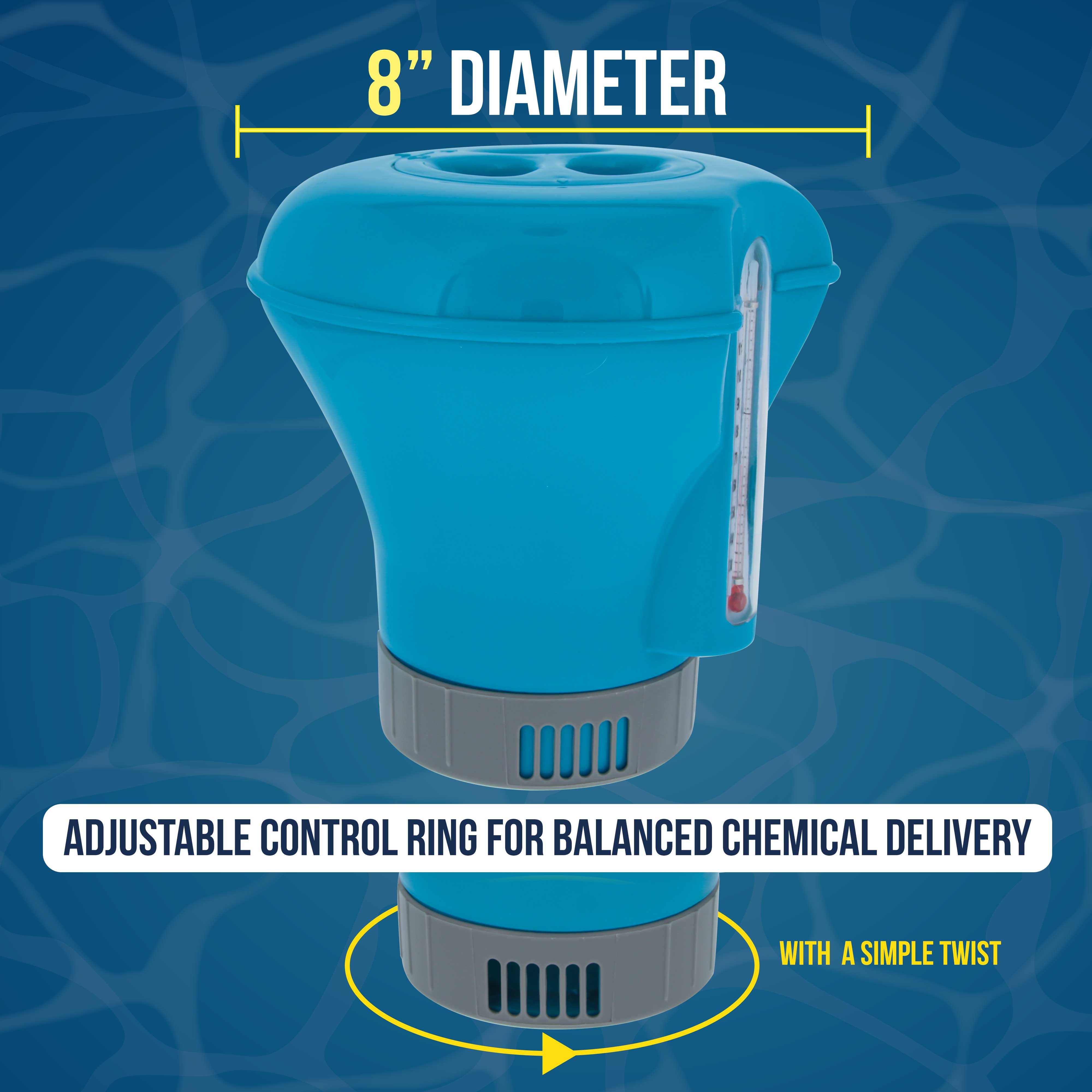 Pool Chlorine Floater Dispenser with Thermometer - 8 Inch Diameter Floating Chlorinator for Swimming Pools - Large Capacity Holds 3 Chlorine Tablets - Adjustable Ring for Balanced Chemical Delivery - Perfect for Inground & Above Ground Pools