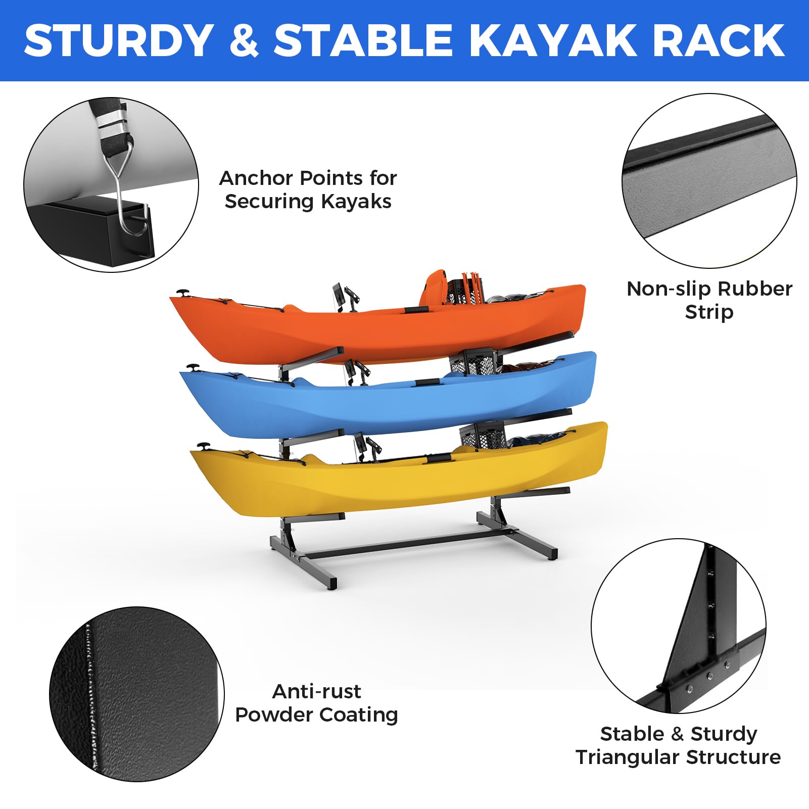 Heavy Duty Freestanding Kayak Storage Rack with Wheels - Adjustable 3-Level Outdoor/Indoor Stand for Kayaks, SUPs, Canoes & Paddleboards | Perfect for Garage, Backyard & Dock Storage