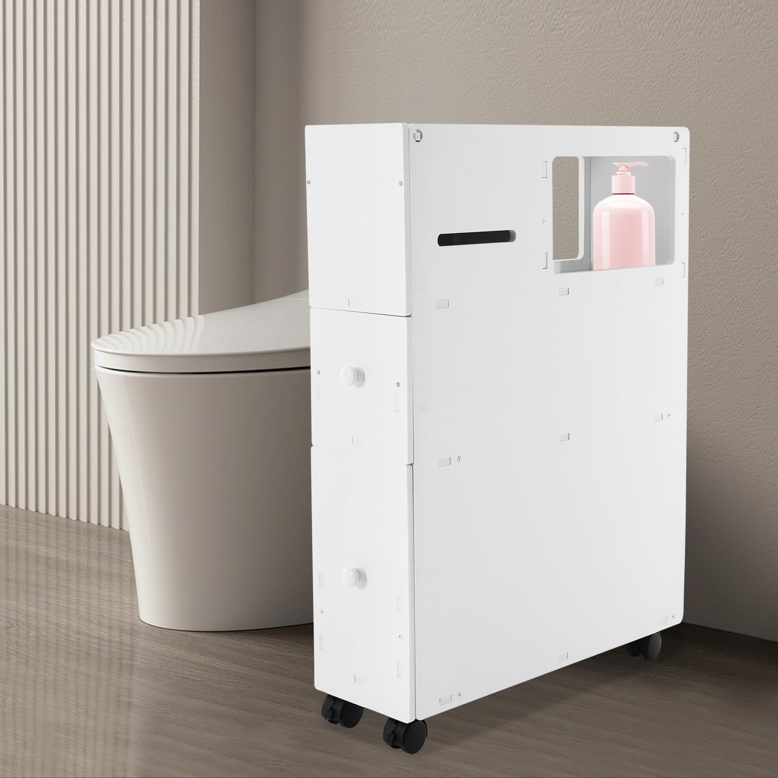 White Slim Rolling Bathroom Storage Cabinet - Space Saving for Small Bathrooms