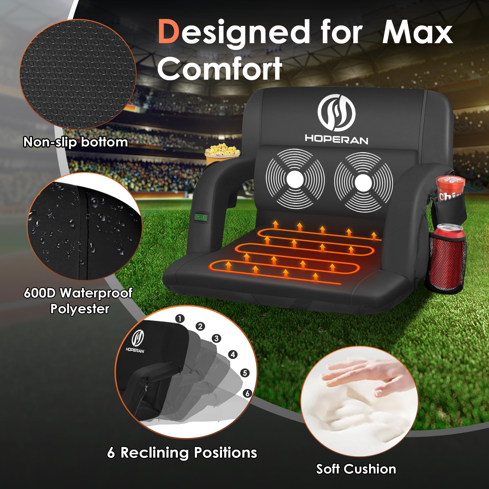 HOPERAN Portable Heated Massage Stadium Seat with Back Support & Lumbar Pillow - 3 Heat Levels & 6 Massage Modes for Bleachers - Perfect for Football Games, Outdoor Concerts & Cold Weather Events