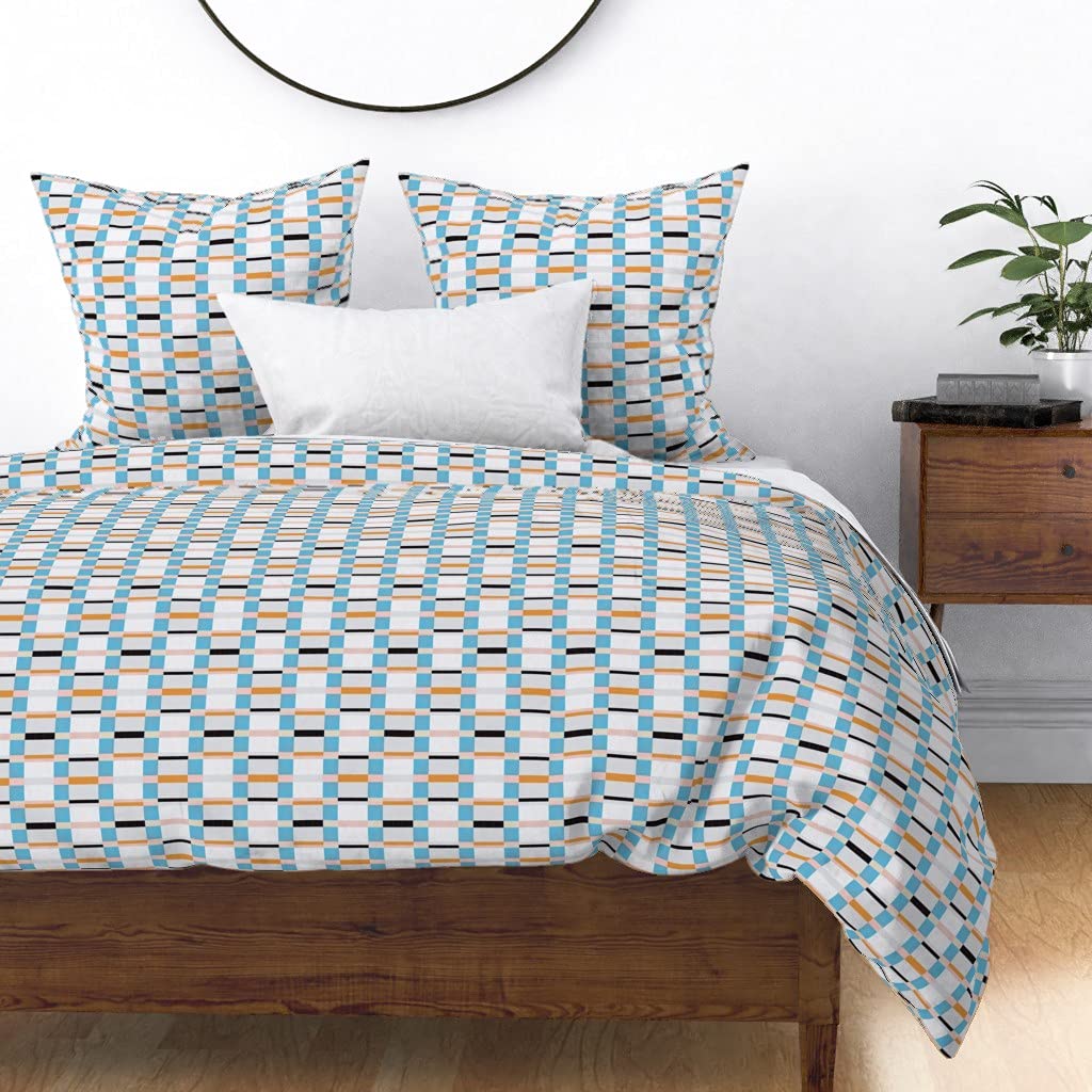 King/California King Cotton Sateen Duvet Cover - Retro Modern Geometric Square Striped Grid Abstract Plaid Blue White Quilt Print Custom Bedding | Perfect for Master Bedroom, Guest Room & Modern Home Decor