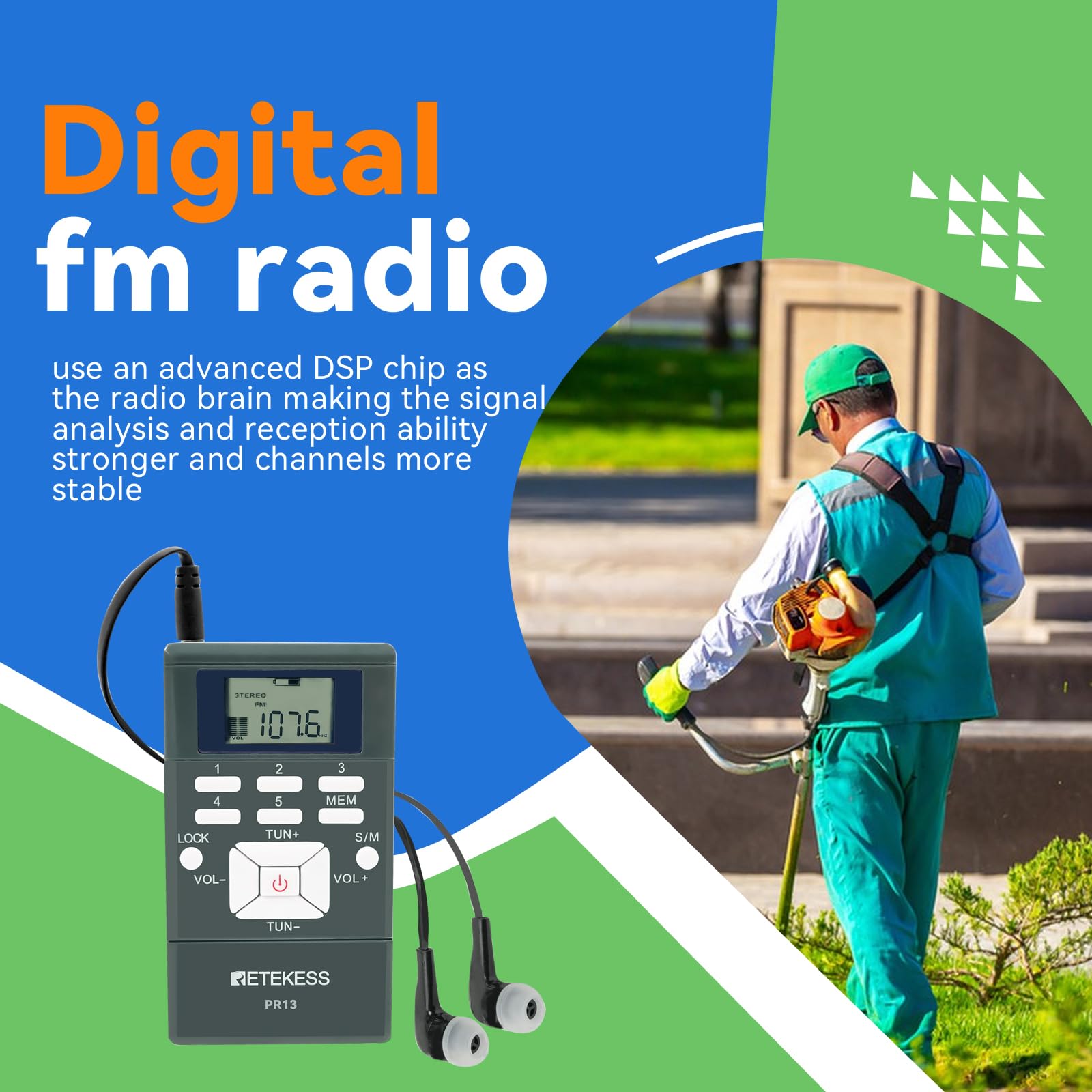 Retekess PR13 Portable FM Radio - Pocket-Sized AAA Battery Powered Mini Stereo with Earphone & Lock Key - Perfect for Walking, Jogging, Lawn Mowing, Church, Tour Guide, Camping & Outdoor Activities (Pack of 1)