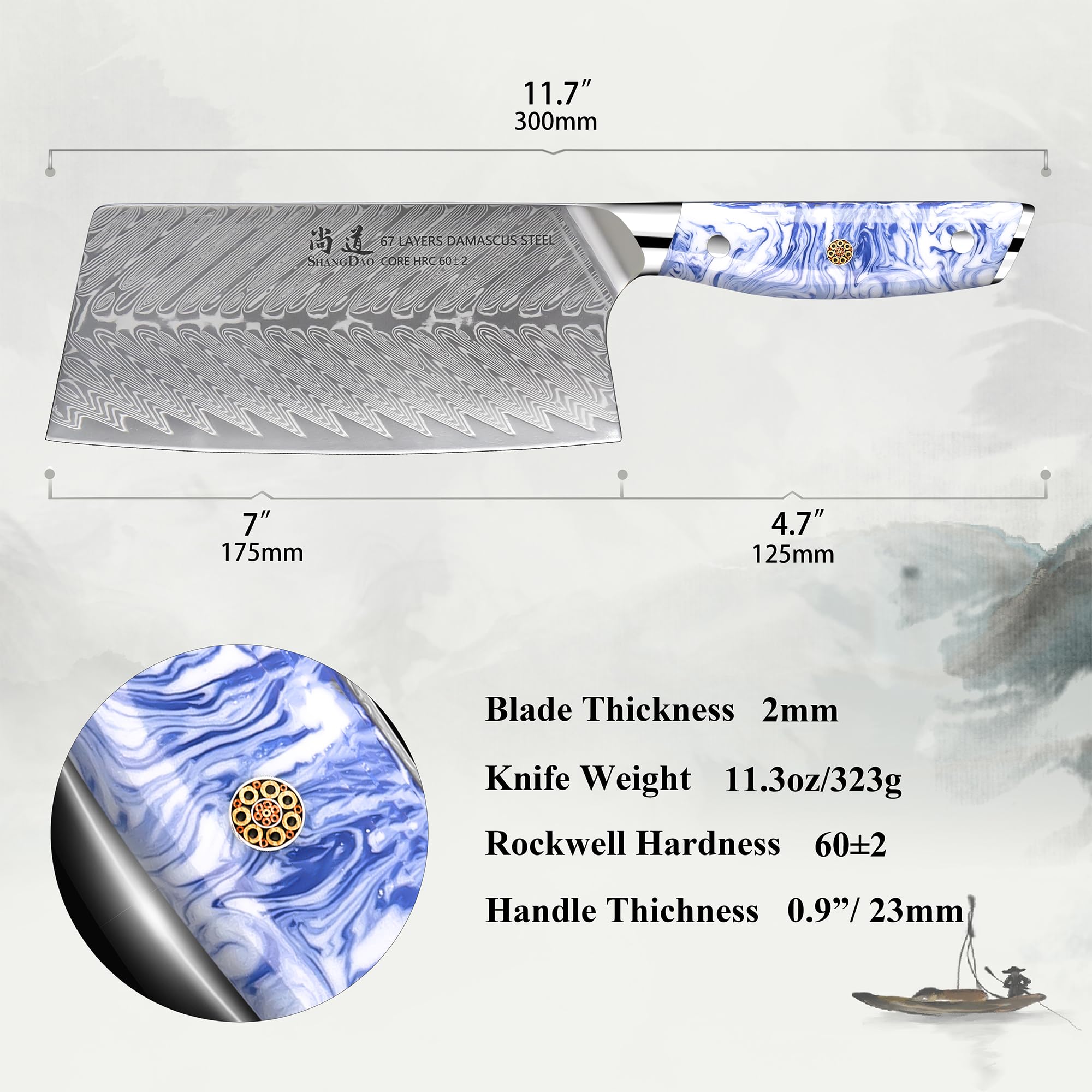 7 Inch Chinese Chef Knife - Professional Damascus Steel Cleaver for Chopping Vegetables & Meat - Forged Blue & White Resin Handle with Full Tang - Perfect for Home Kitchen, Restaurant & Butcher Use - HUA Series