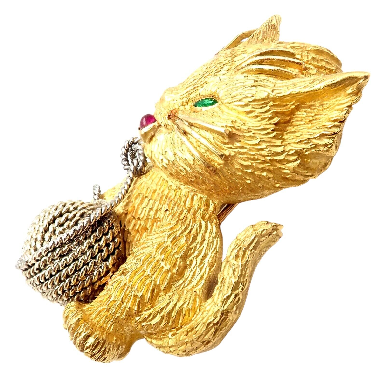 Vintage Tiffany & Co. France 20k Yellow Gold Ruby Emerald Cat Brooch Pin - Elegant Collectible Jewelry for Special Occasions & Gift Giving