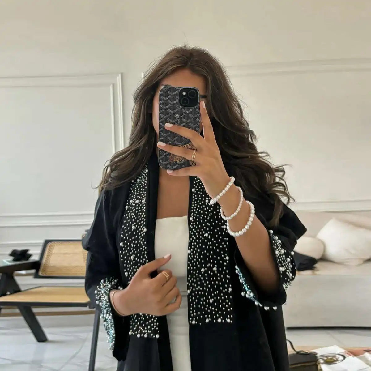 Hotfix Rhinestone Cardigan Open Abaya Dress #24169 - Elegant Muslim Women's Fashion for Parties, Weddings & Special Occasions