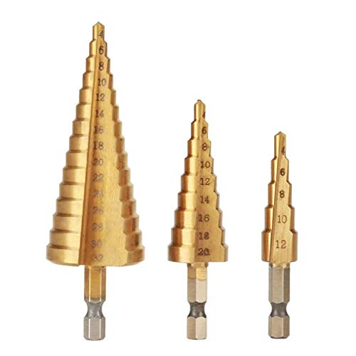 3-Piece High-Speed Steel Step Cone Drill Bit Set with Hex Shank & Titanium Coating - Perfect for Wood Drilling, Metalworking, and DIY Home Improvement Projects