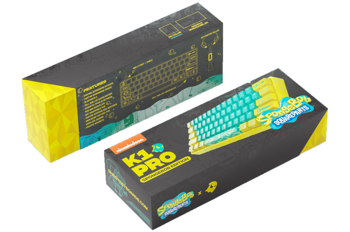 SpongeBob X Ghost K1 Pro Wireless Mechanical Gaming Keyboard - 60% Compact RGB Backlit Bluetooth 5.1 Hot-Swappable for PC/Mac - Perfect for Gaming, Office Work & Typing Enthusiasts