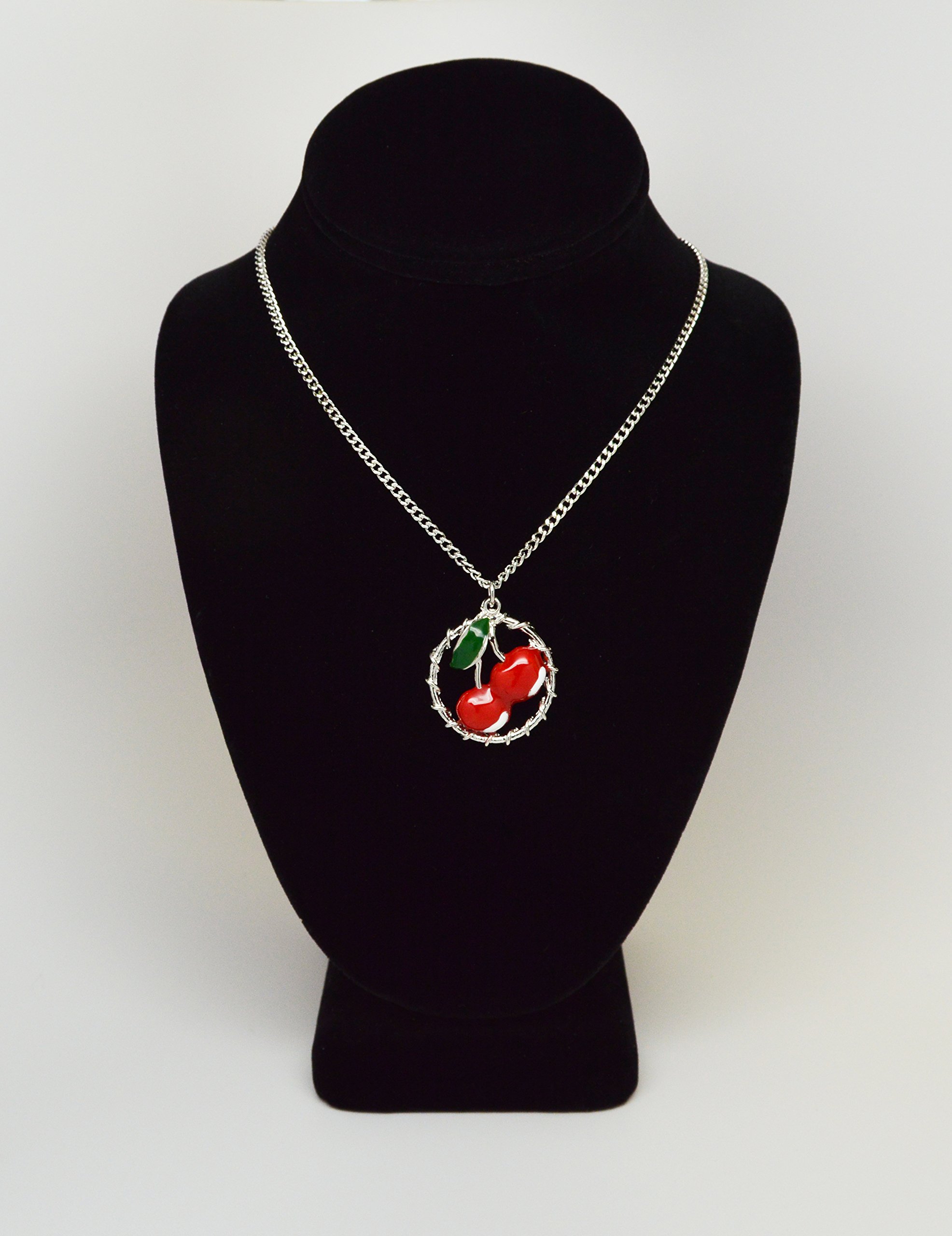 Vintage Pewter Pendant Necklace with Red Cherry & Green Leaf Vine Design - Perfect for Retro Fashion, Boho Jewelry & Gift Giving