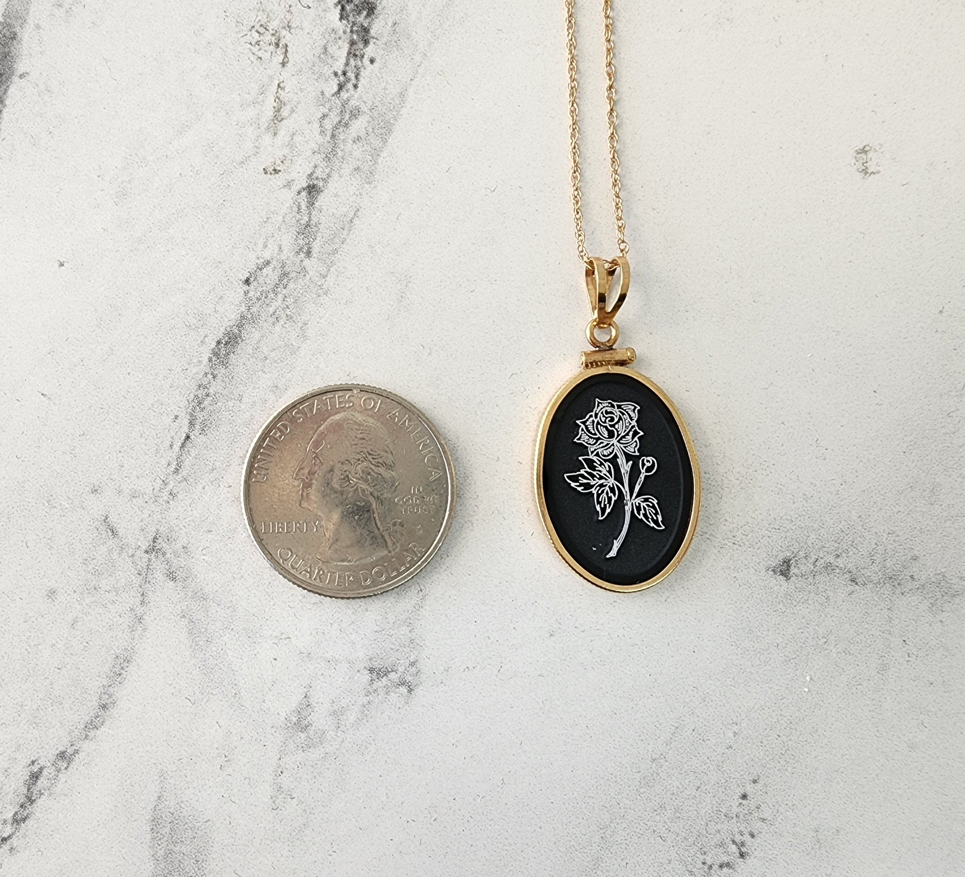 Black Onyx Rose Flower Etched Oval Pendant Necklace - Elegant Jewelry for Women, Perfect Gift for Valentine's Day, Anniversary & Special Occasions