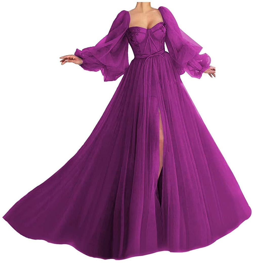 Elegant Puffy Prom Dresses for Women - Long Sweetheart Neckline Tulle Ball Gowns with Sleeves | Formal Evening Gowns for Homecoming, Wedding, and Special Occasions