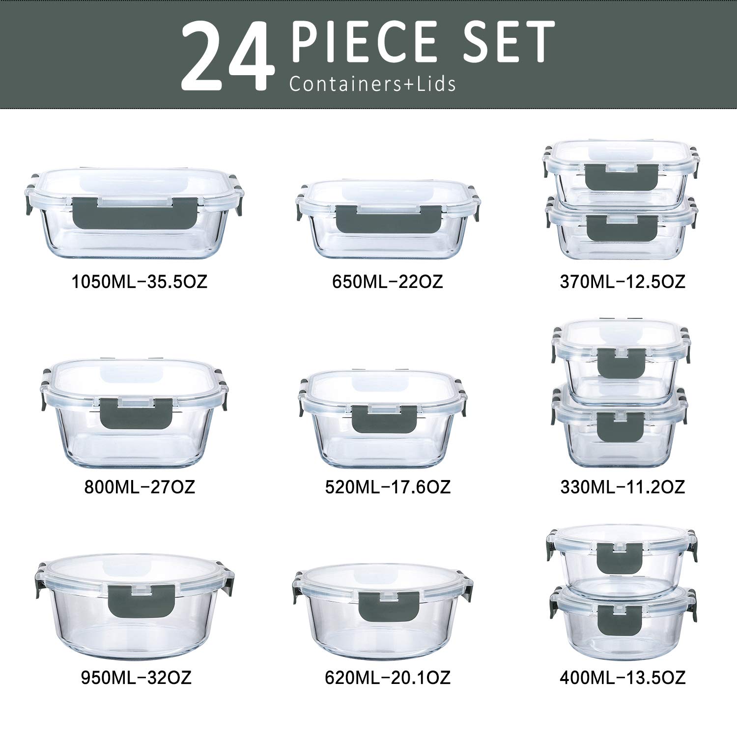 24-Piece Glass Food Storage Containers Set with Airtight Lids - BPA-Free Meal Prep Containers for Microwave, Oven, Freezer & Dishwasher Safe - Perfect for Meal Prepping, Leftovers & Kitchen Organization
