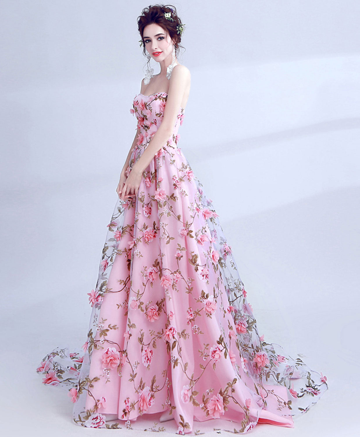 Elegant Pink Tulle 3D Flowers Long Prom Dress for Women - Perfect for Graduation, Formal Dances & Special Occasions
