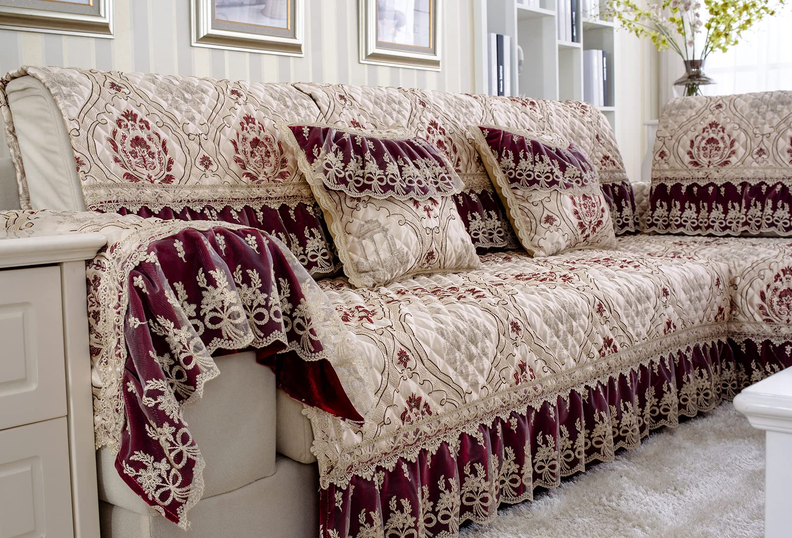 VCTOPS Classic Floral Jacquard Sofa Cover with Lace Ruffles - Luxury Non-Slip Quilted Sectional Couch Slipcover - Furniture Protector for Living Room (Wine Red, 24