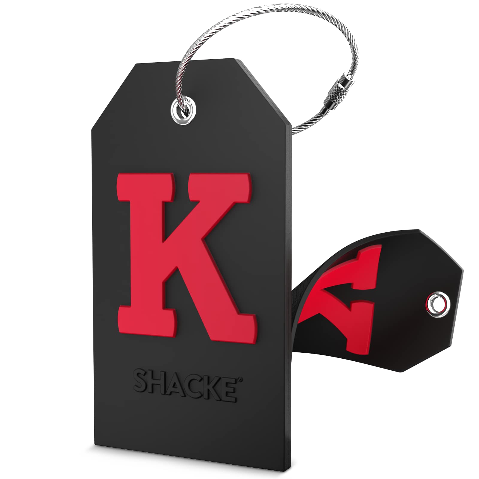 Shacke Large Personalized Luggage Tag with Privacy Cover & Stainless Steel Loop - Black Monogram K | Durable Travel ID Tag for Suitcases, Backpacks & Carry-Ons