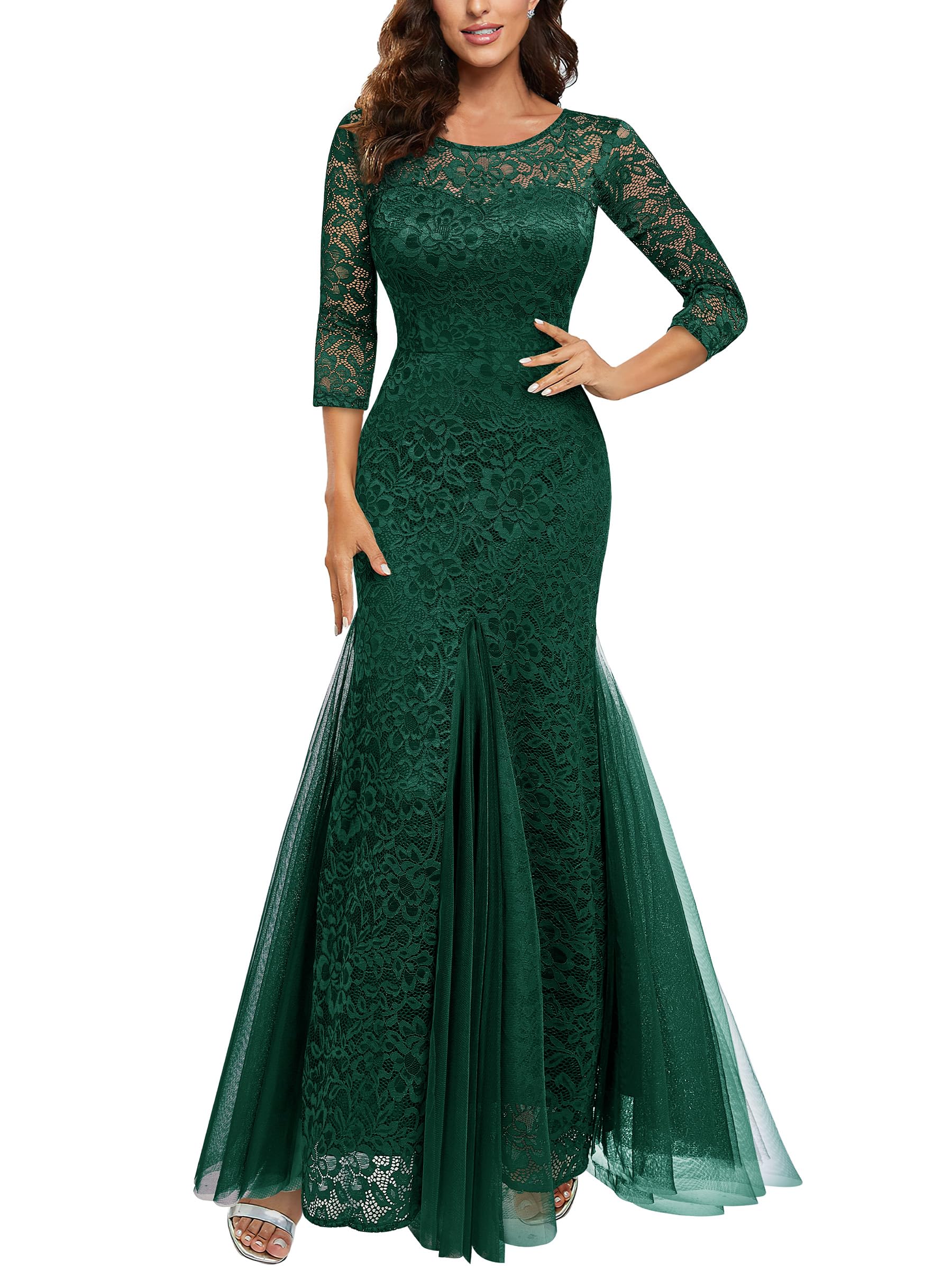 Elegant Floral Lace Mermaid Evening Gown for Women - Formal 2/3 Sleeve Maxi Dress for Prom, Wedding & Special Occasions