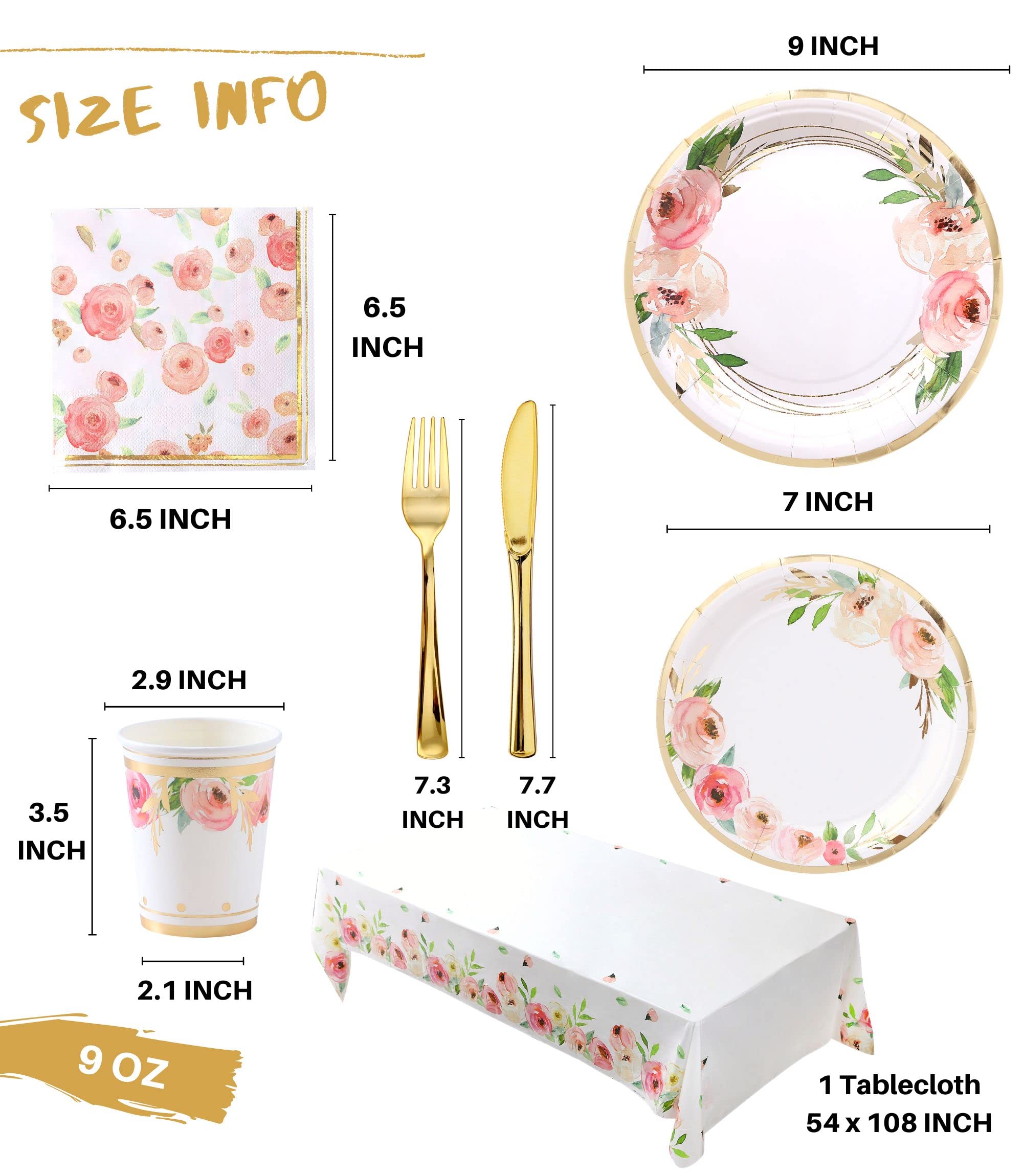 Floral Paper Plates and Napkins Set for 16 Guests - Pink & Gold Flower Party Supplies with Cups, Cutlery - Perfect for Baby Showers, Bridal Showers, Tea Parties & Birthday Celebrations