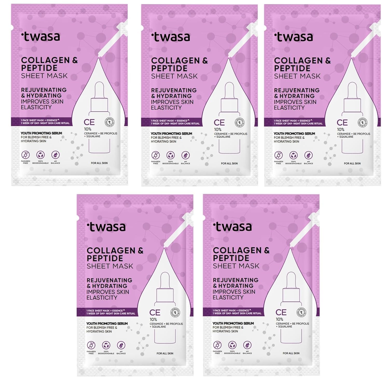 Twa'sa Collagen & Peptide Serum Face Sheet Mask - Korean Skincare for Radiant & Glowing Skin | Hydrating Anti-Aging Facial Mask for Men & Women (20g x 5 Pack) | Perfect for Daily Skincare Routine & Spa Night