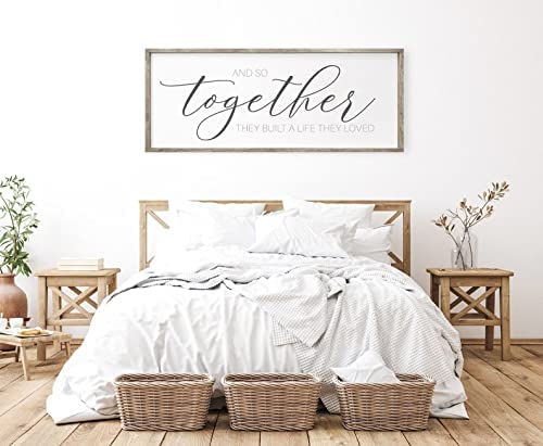 Together They Built A Life They Loved Sign - 16x32 Inch Rustic Wooden Wall Art - Inspirational Bedroom Decor for Couples - Perfect Above Bed Sign for Master Bedroom, Nursery or Wedding Gift