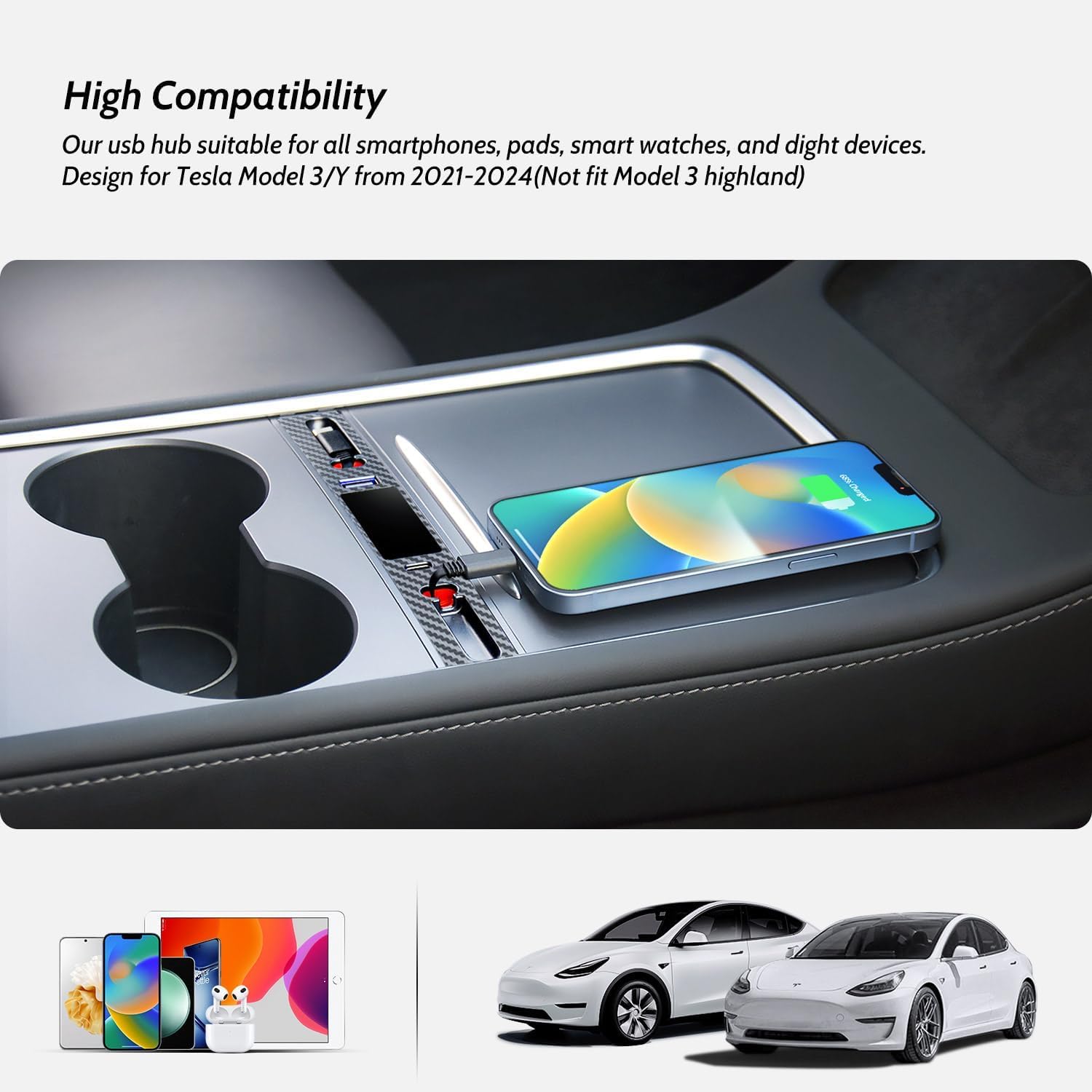 MOWLICAS OEM Tesla USB Hub & Retractable Phone Charger - Compatible with Tesla Model Y 2021-2024 & Model 3 2021-2023 - Silver Gray Accessories for Tesla Owners | Perfect for Road Trips & Daily Commuting