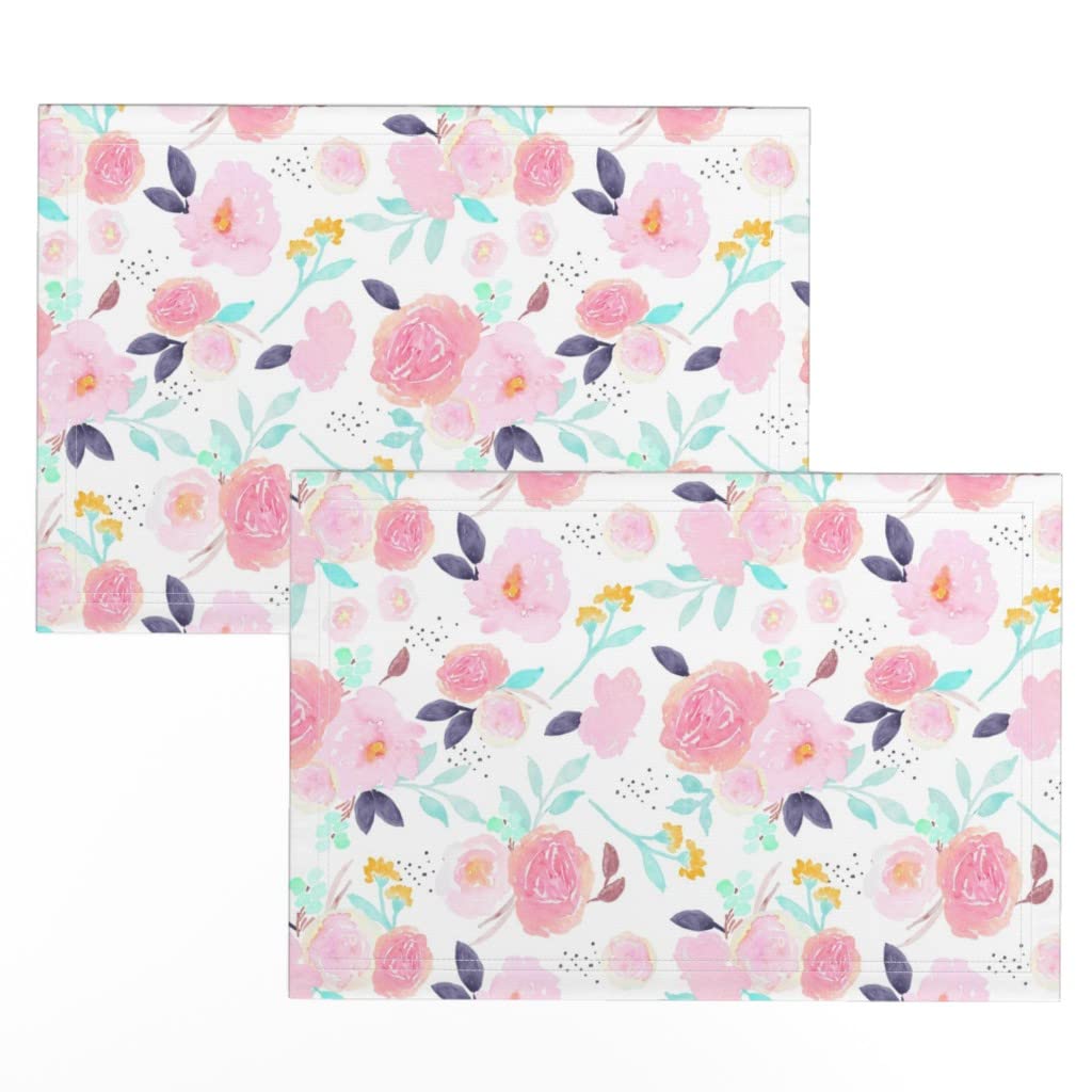 Linen Cotton Canvas Placemats Set of 2 - Bloom Garden Spring Floral Baby Nursery Watercolor Print Table Mats | Eco-Friendly Dining Decor for Kitchen, Wedding, Baby Shower & Home Decor