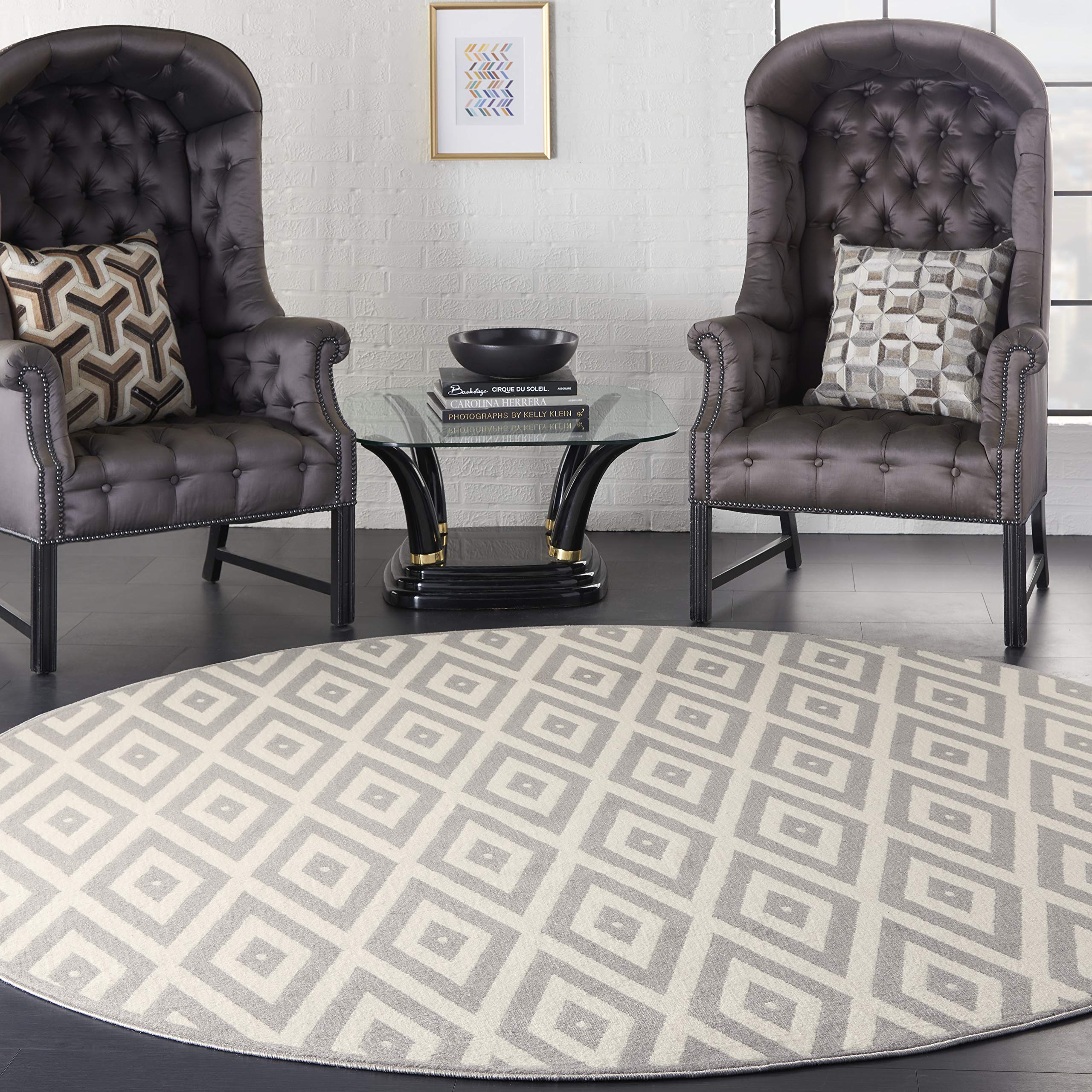 Nourison Grafix Geometric White Grey 8' Round Area Rug - Easy Clean, Non-Shedding, Stain Resistant - Perfect for Bedroom, Living Room, Dining Room & Kitchen Decor (8 Foot Round) - Cozy Home & Office Floor Covering for Modern Interior Design
