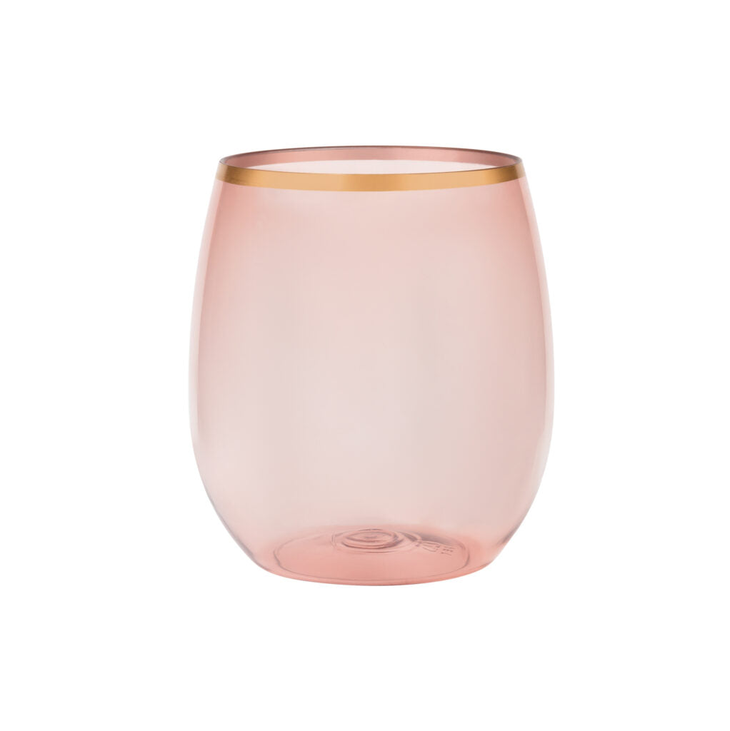 12 oz. Rose Plastic Stemless Wine Goblets with Gold Rim - 6 Pack Set for Outdoor Parties, Picnics, and Weddings