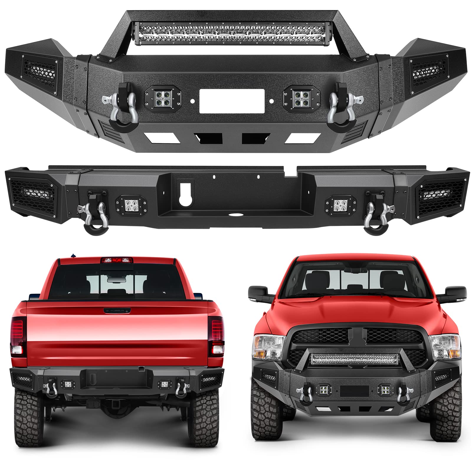 CCIYU Textured Black Front & Rear Bumper with D-Ring & LED Lights | Winch Plate Compatible for 2013-2018 Dodge Ram 1500 (Excluding Rebel) | Off-Road Protection & Style Upgrade