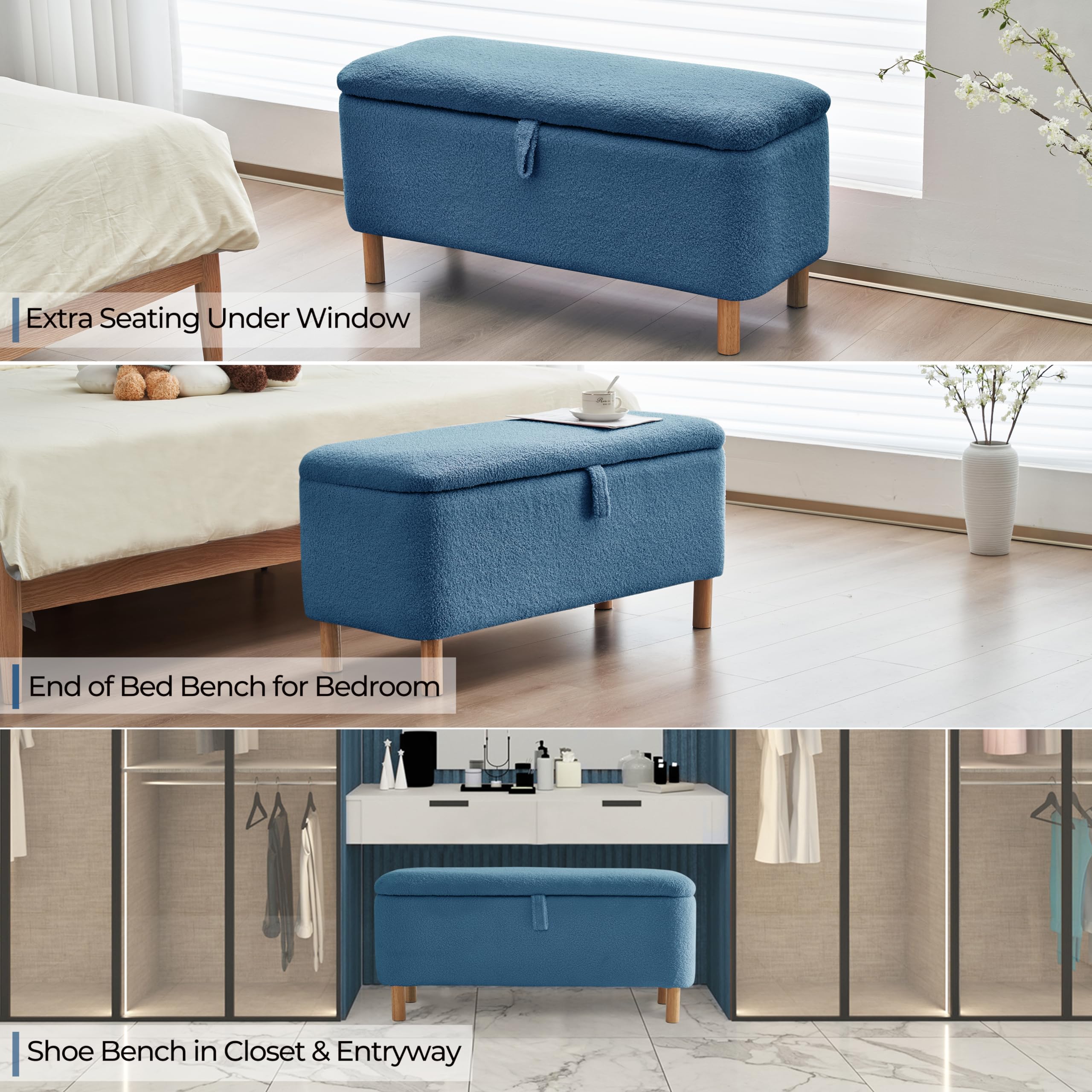 Boucle Storage Ottoman Bench with Sherpa Upholstery - Rectangle Shoe Storage Seat for Bedroom, Entryway & Living Room - Blue Padded Blanket Chest - Perfect for Bed Foot, Hallway Organization & Cozy Home Decor