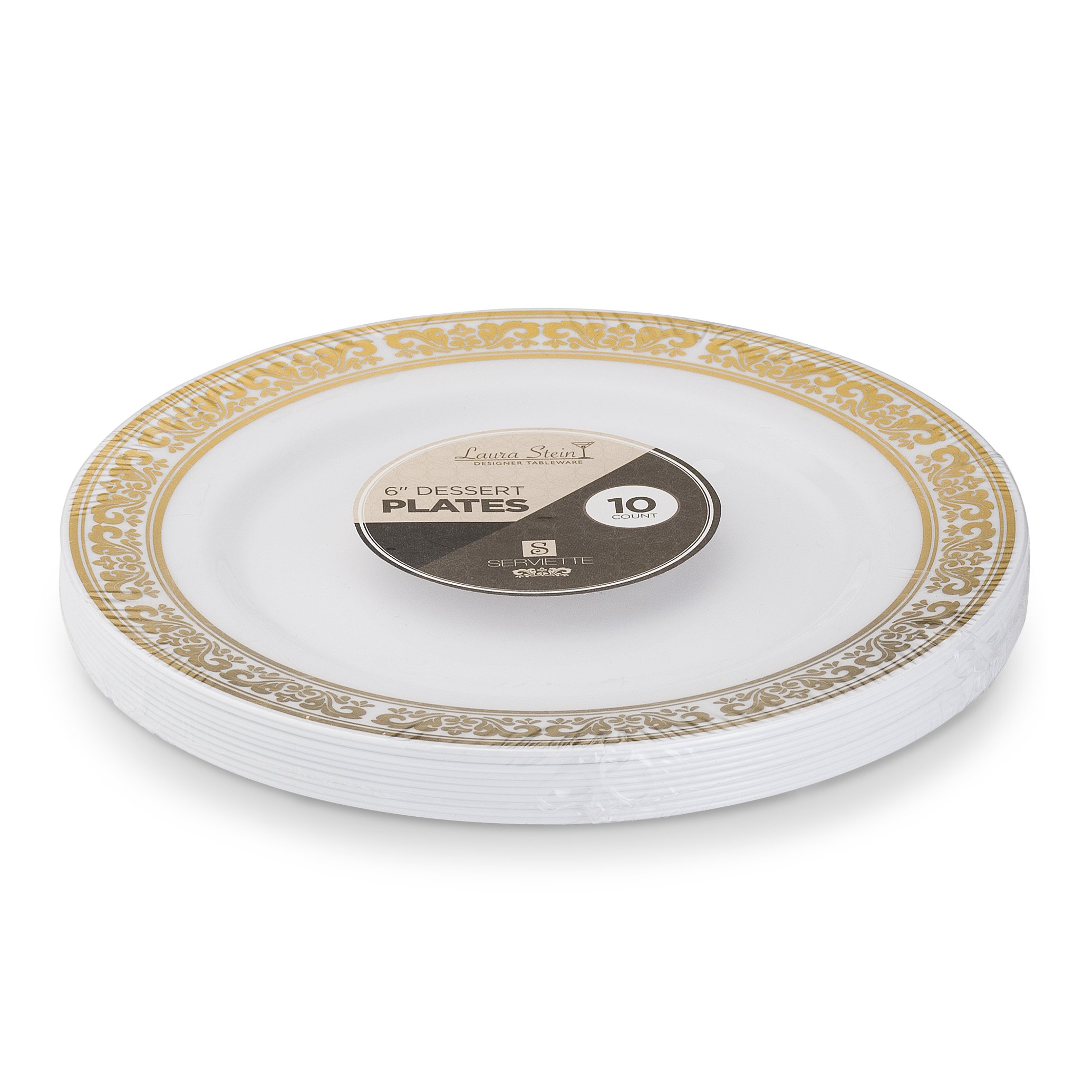 Laura Stein Designer 10-Pack 6-Inch Premium Heavyweight Plastic Dessert Plates with Gold Border - Elegant Disposable Tableware for Weddings, Parties, and Special Events