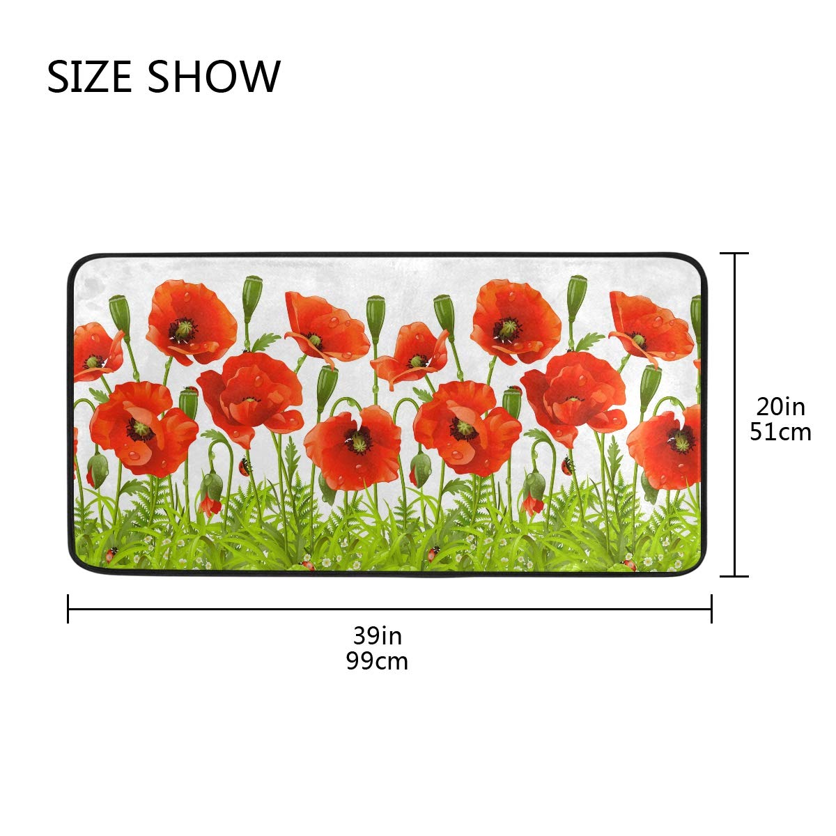 MOYYO Red Poppy Flowers Anti-Fatigue Kitchen Mat - Non-Slip, Oil Resistant, Easy Clean Floor Rug for Indoor/Outdoor Use - Perfect for Kitchen, Bathroom & Entryway Decor