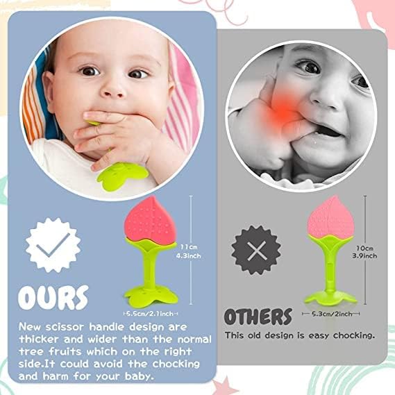Kritiu Fruits Teether & Teether Combo - BPA-Free Silicone Baby Teething Toy for 0-12 Months | Soft & Safe Infant Gum Massager | Red Watermelon & Peach Design | Perfect for Soothing Sore Gums at Home or On-the-Go
