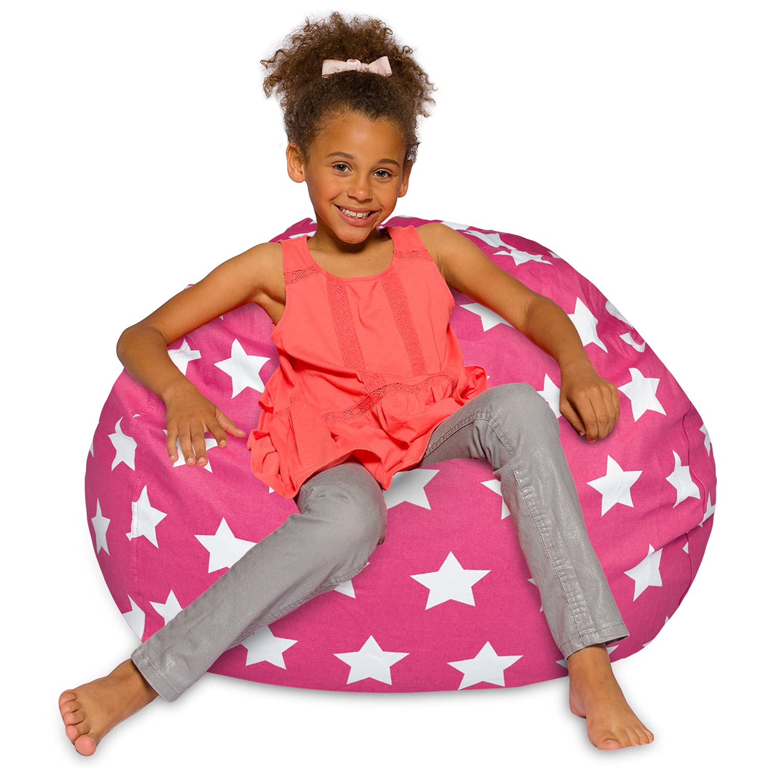 Posh Beanbags Large Bean Bag Chair - Machine Washable Canvas with White Stars on Pink | Perfect for Kids' Room, Dorm, or Lounge Decor