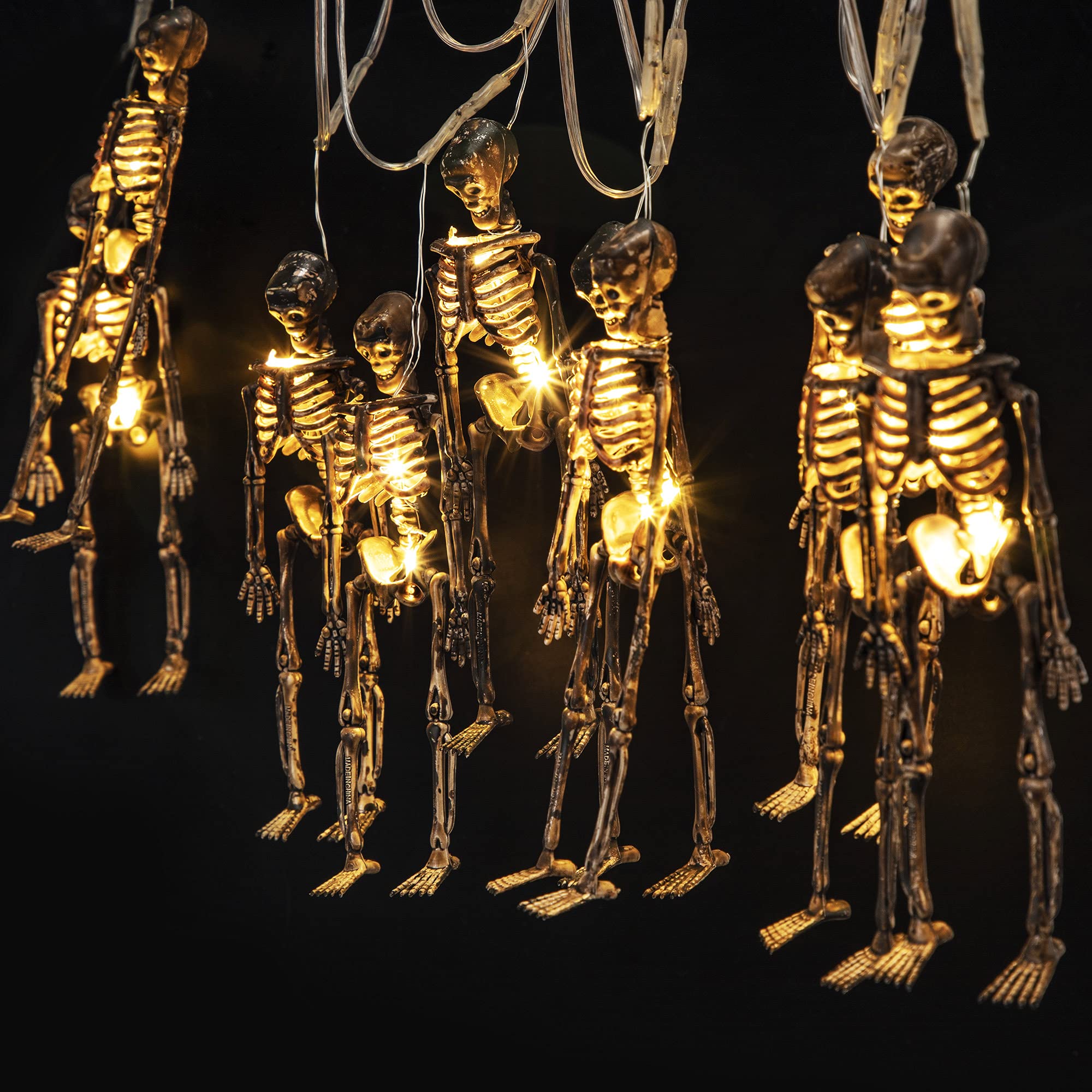 Halloween Skeleton Skull String Lights - 20 LED Spooky Decor with 8 Modes, Waterproof & Remote Control - Battery Operated for Halloween Party, Porch, Fireplace, Yard & Indoor Decor (Warm Yellow) | Perfect for Haunted House, Trick or Treat & Holiday Atmosphere