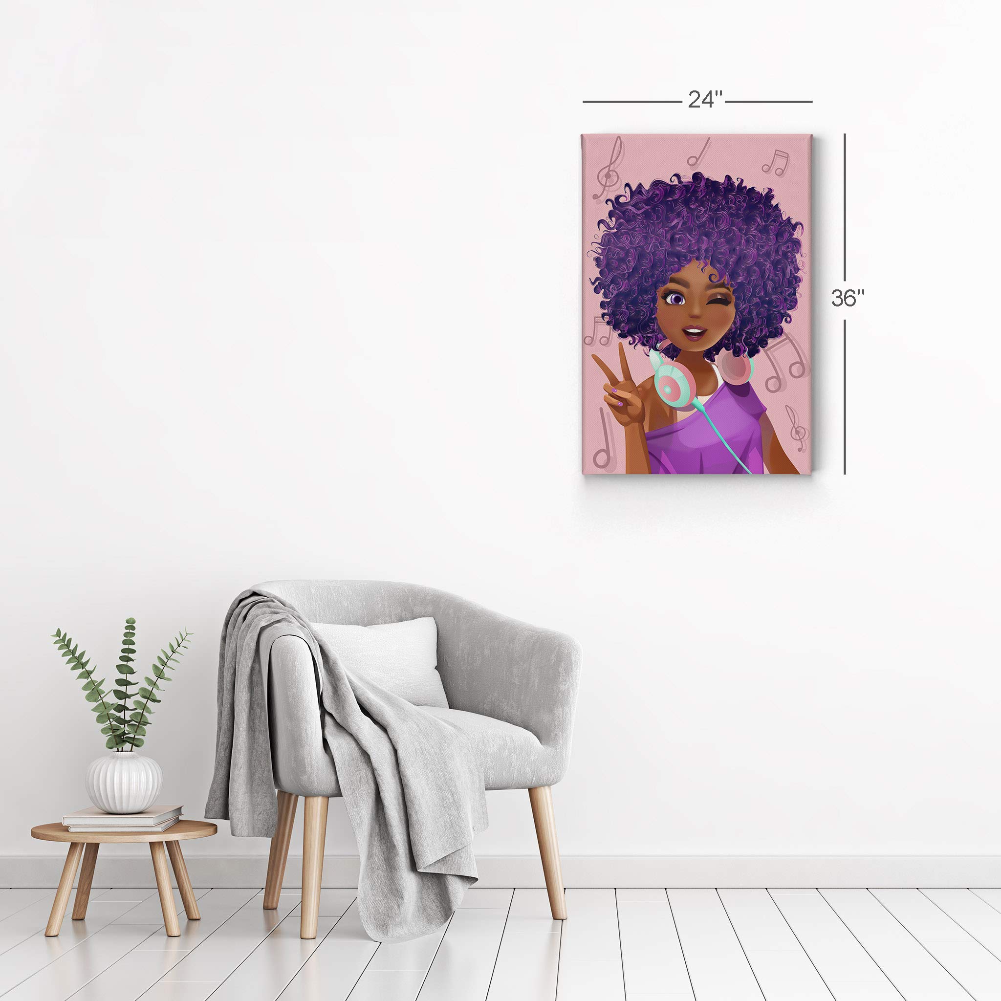 African American Wall Art Canvas Print - Black Girl Wall Decor, Purple Pink African American Pretty Girl Painting, 36x24 Inches - Perfect for Kids Room, Living Room & Bedroom Decor