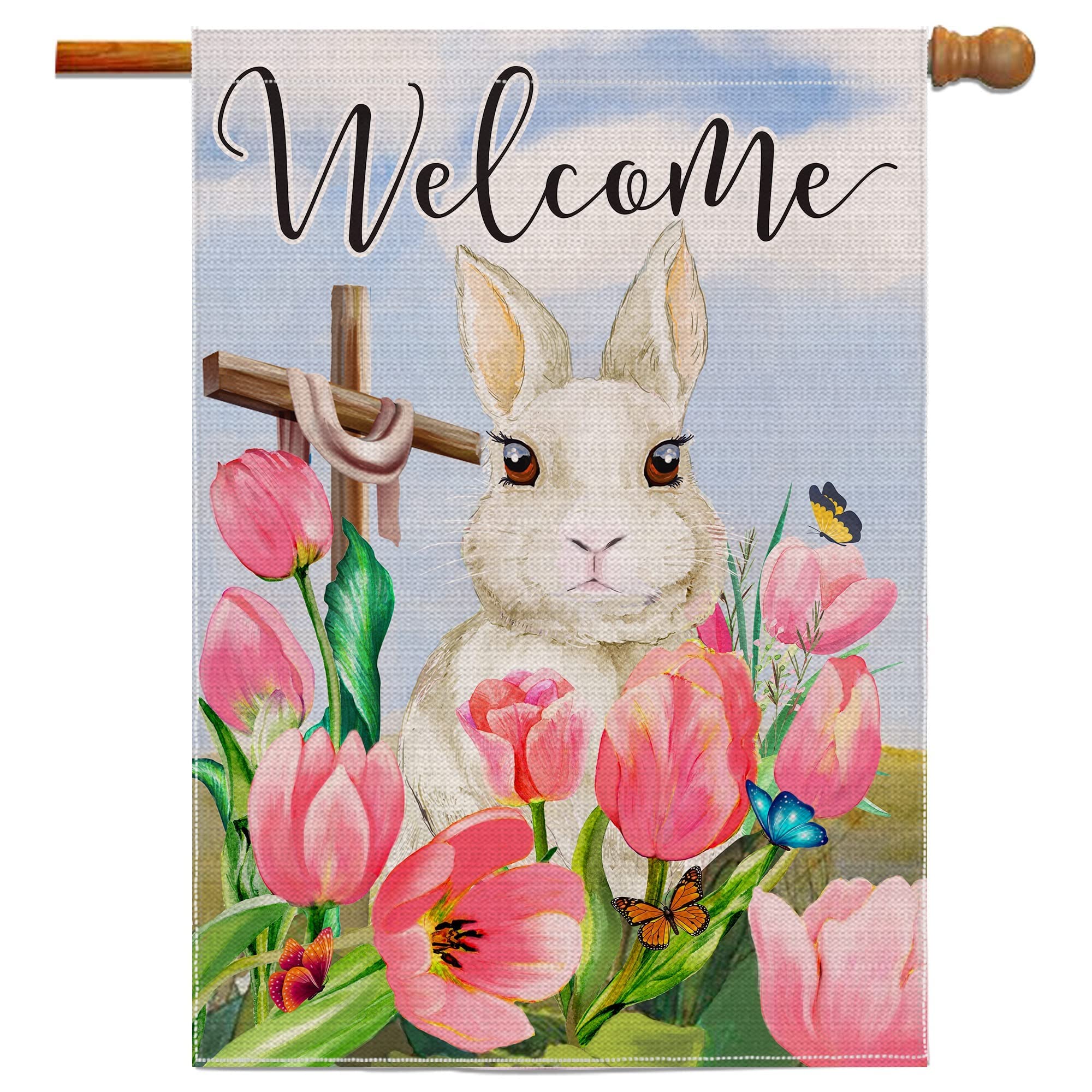 Double-Sided Hexagram Easter Flag 28x40 Inches - Large Bunny Welcome Spring Garden Flag with Tulip Flowers for Yard, Patio, Lawn | Farmhouse Burlap Outdoor Decor | Perfect for Easter, Spring Celebrations & Home Decoration