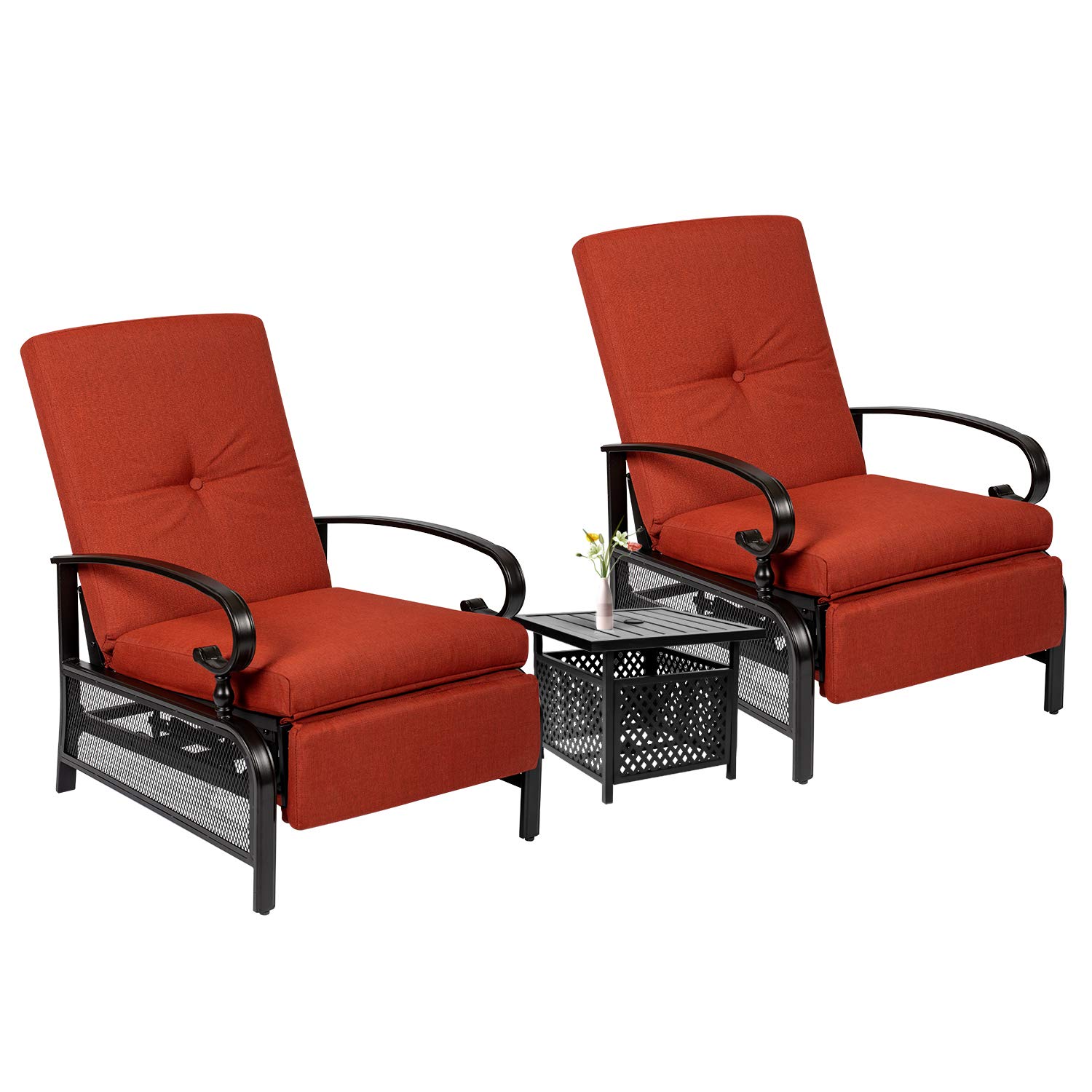 Crownland 3-Piece Outdoor Lounge Chair Set - Adjustable Reclining Patio Chairs with Umbrella Bistro Table, Durable Metal Furniture with Water-Resistant Cushions (Red) - Perfect for Poolside, Garden, Patio, and Backyard Relaxation