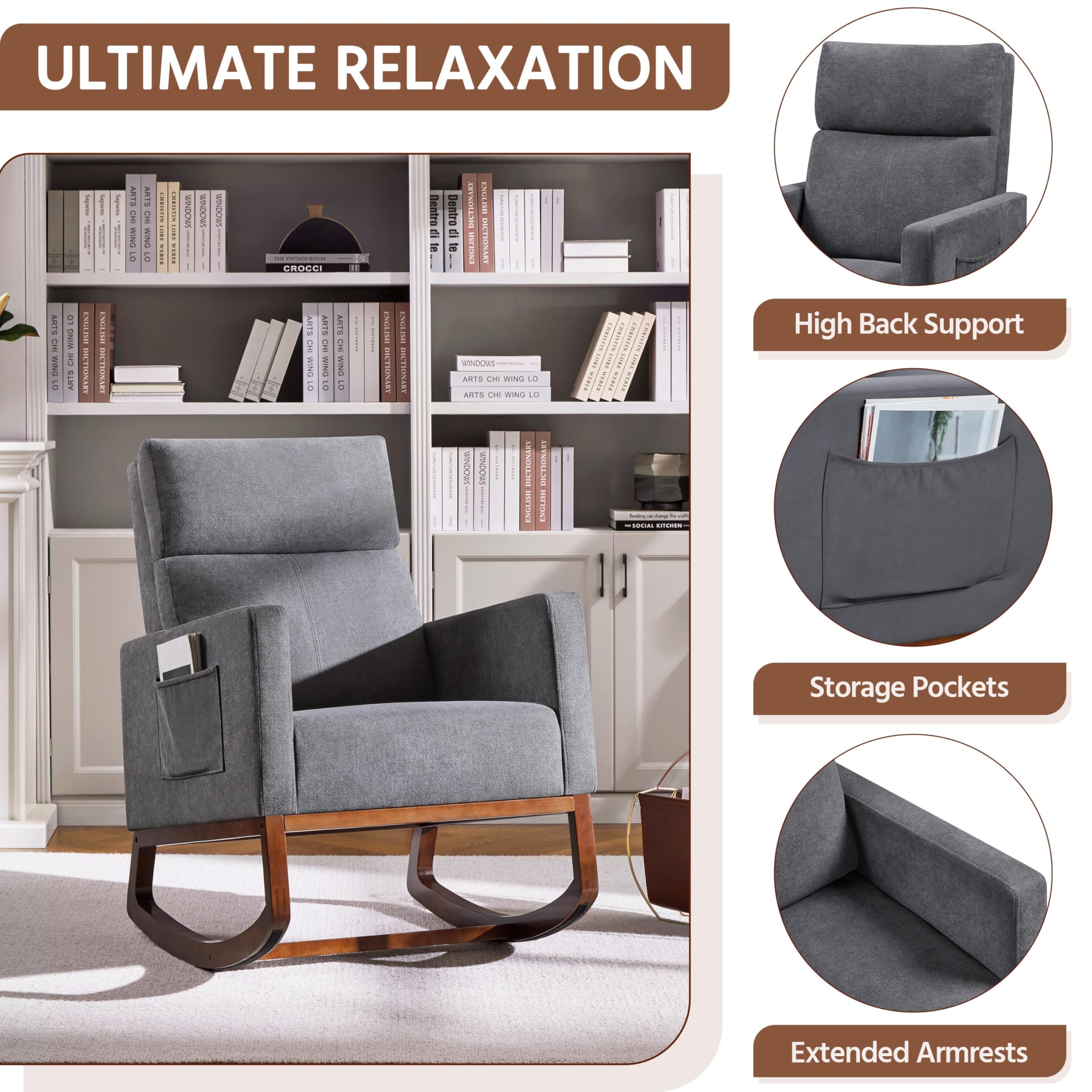 Yaheetech Upholstered Glider Rocking Chair with Side Pocket - High Back Nursery Chair with Rubber Wood Legs - Comfortable Accent Armchair for Living Room, Bedroom & Nursery (Gray) - Perfect for Nursing, Reading & Relaxing