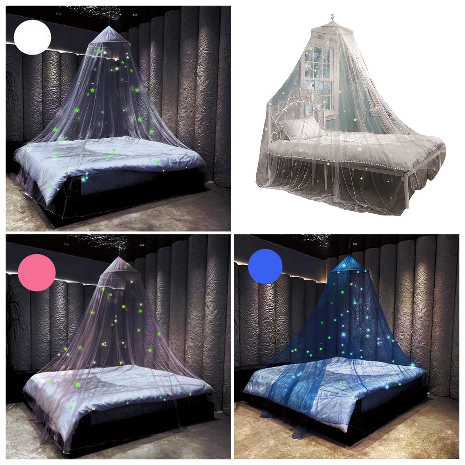 Princess Bed Canopy with Fluorescent Stars - Round Dome Bed Curtain Net for Twin, Full, Queen & King Size Beds in Blue | Perfect for Girls' Bedroom Decor & Fantasy Sleep Space