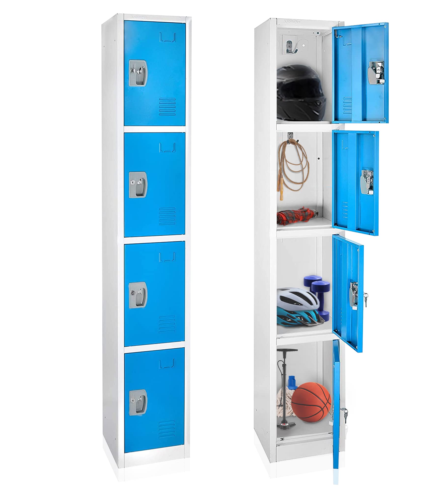 AdirOffice 4-Door Large School Locker with Hooks - Heavy Duty Metal Storage Cabinet for Garage, Office & Classroom Organization (Blue) - Perfect for Storing Sports Gear, Tools & School Supplies