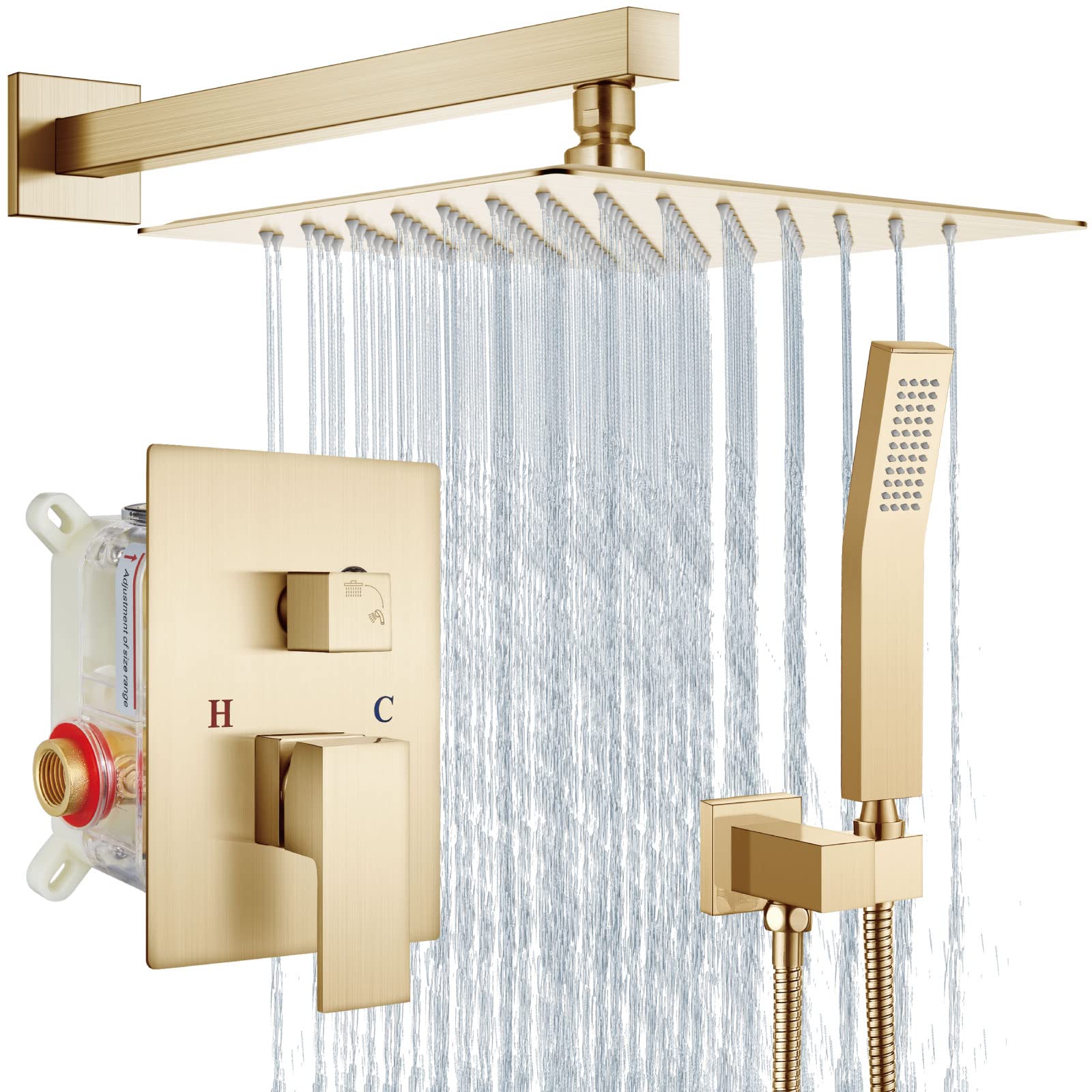 Aolemi 10 Inch Wall Mount Shower Faucet Set - Brushed Gold Rain Shower System with Handheld Spray, Rough-in Valve & Trim Kit | Bathroom Shower Combo for Luxurious Spa-like Experience at Home