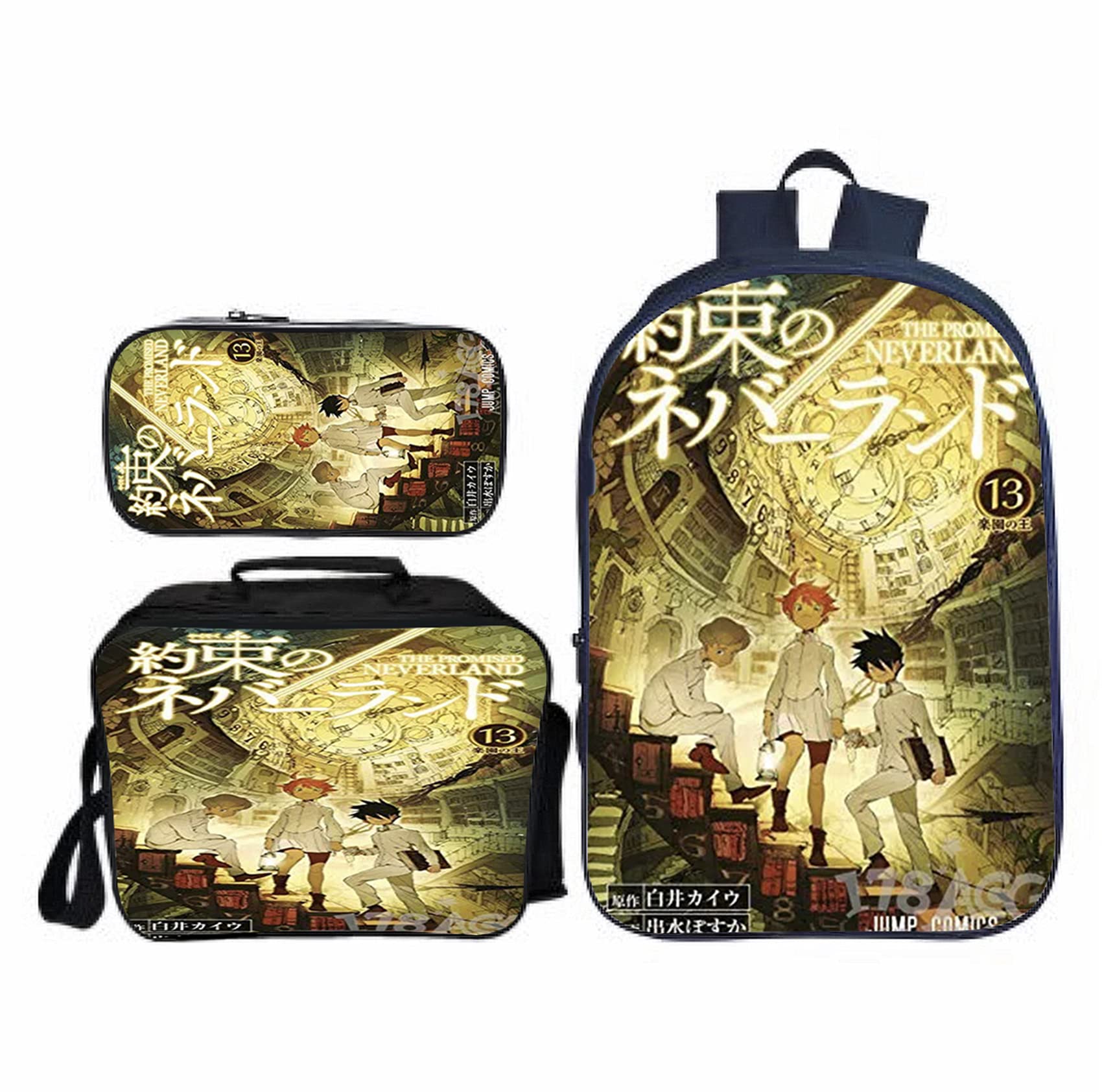 Costco The Promised Neverland Anime Backpack Set - 3Pcs Lightweight School Bag with Lunch Box & Pencil Case for Boys Girls | Perfect for School, Travel & Anime Fans